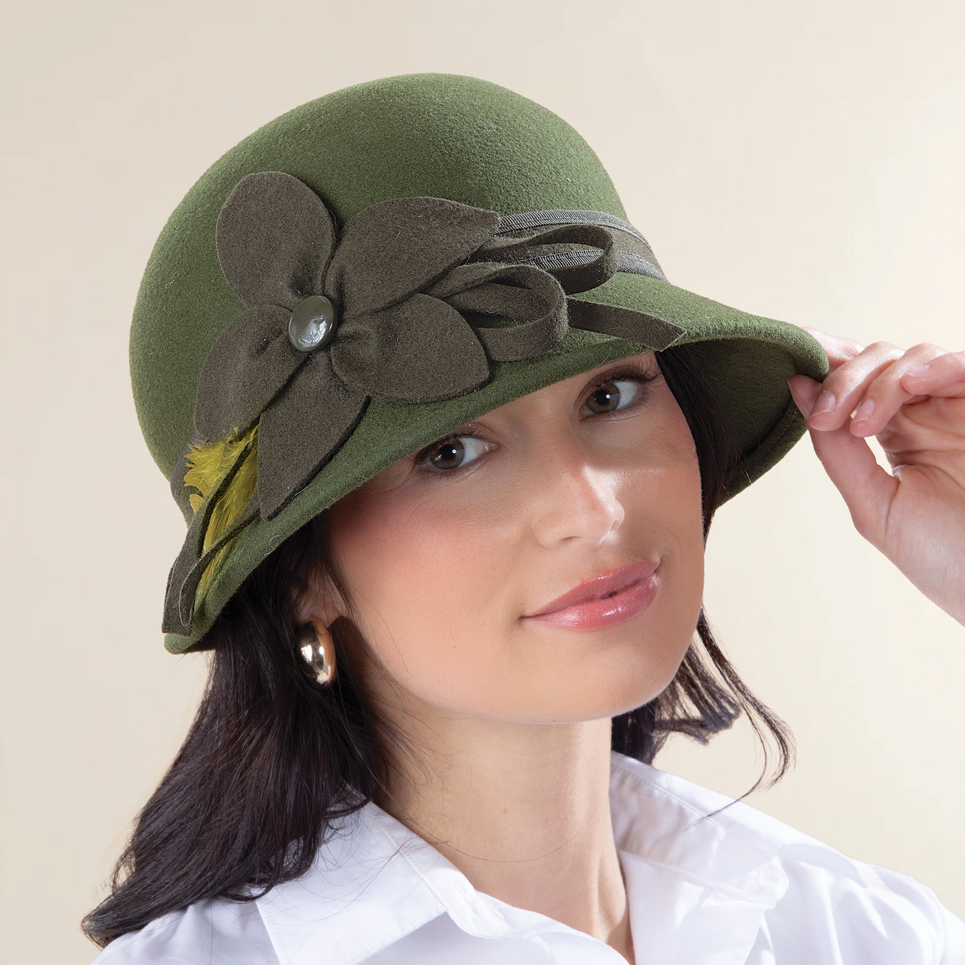 Emmeline Olive Green Floral Wool Cloche (Preorder)