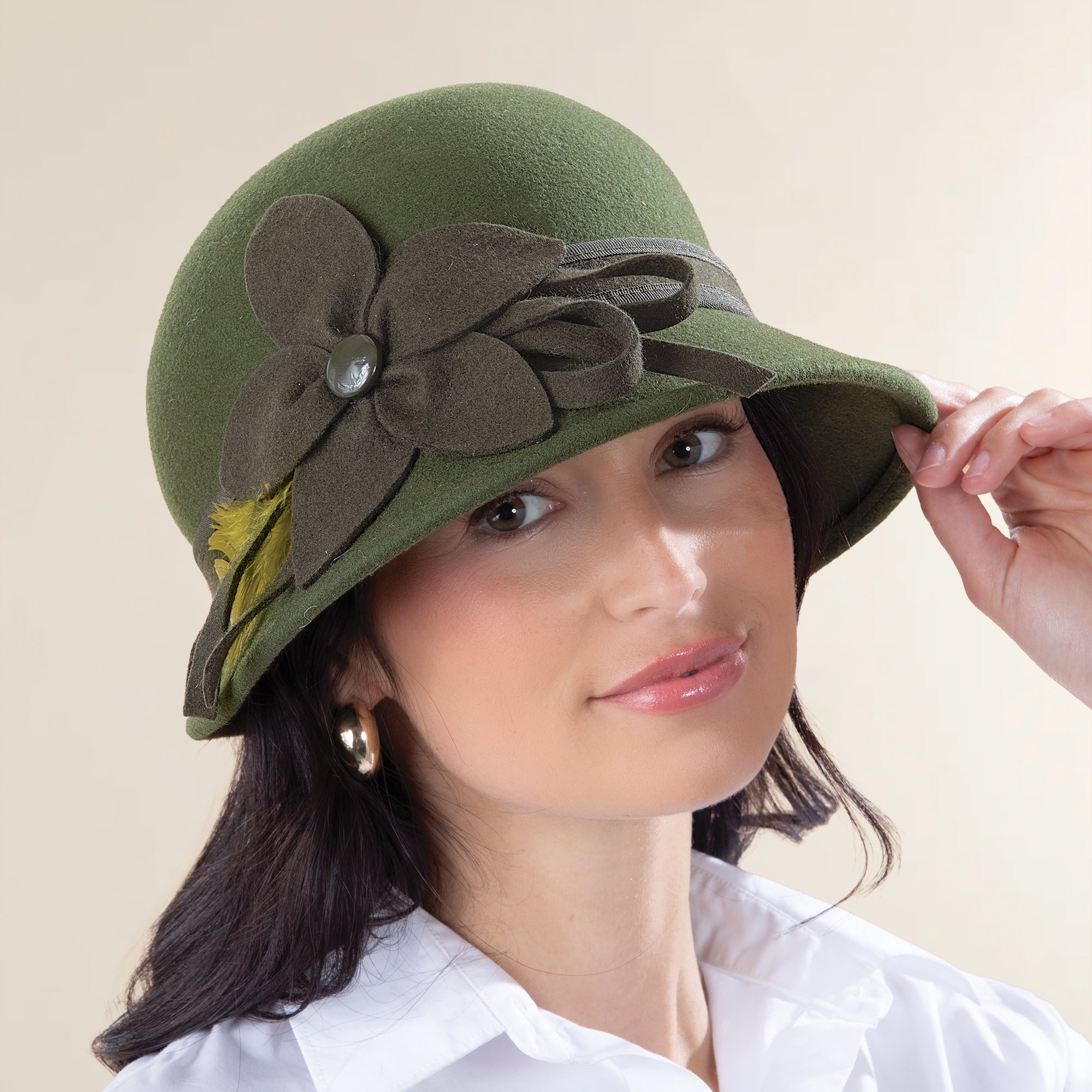 Emmeline Olive Green Floral Wool Cloche (Preorder)