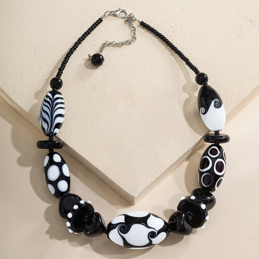 Murano Glass Black & White Mod Patterns Statement Necklace
