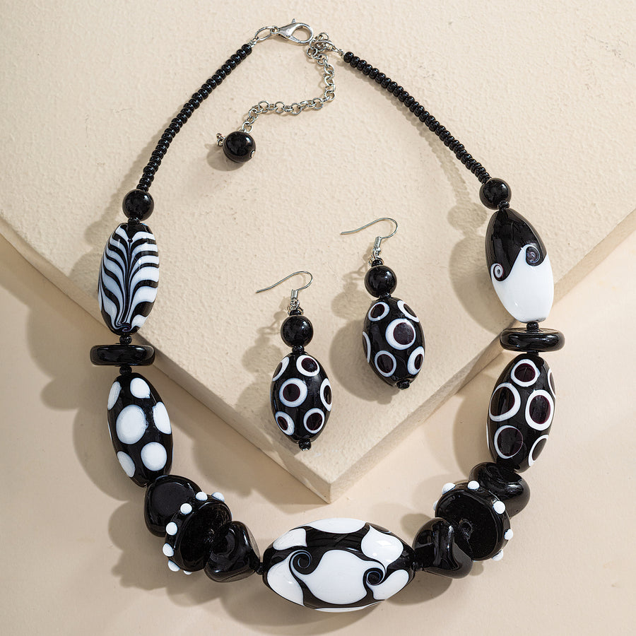 Murano Glass Black & White Mod Patterns Statement Necklace