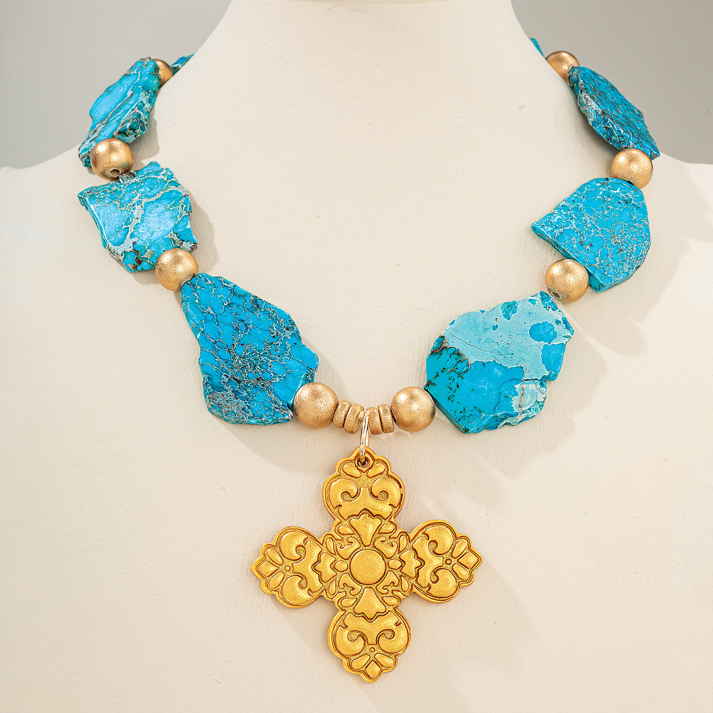 Turquoise Sea Sediment Jasper Cross Necklace (Preorder)