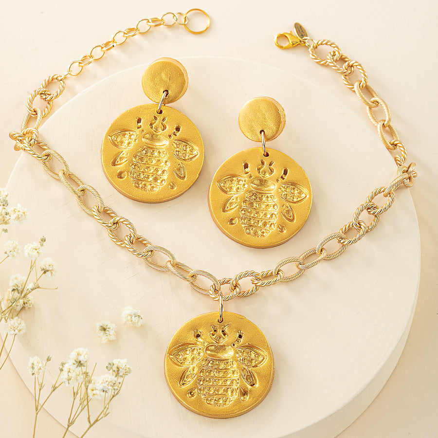 Hidden Truth Bee Medallion Necklace & Earrings Set