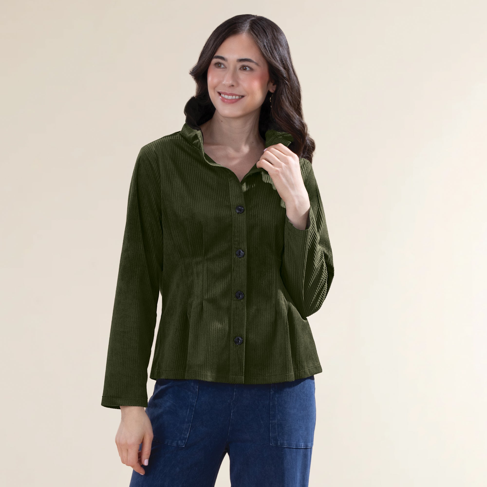 Pleats & Pintuck Olive Corduroy Jacket