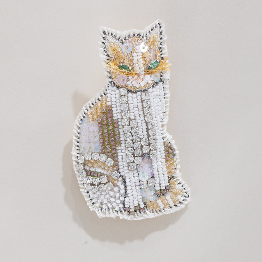 Fancy Feline Ivory Beaded Brooch (Preorder)