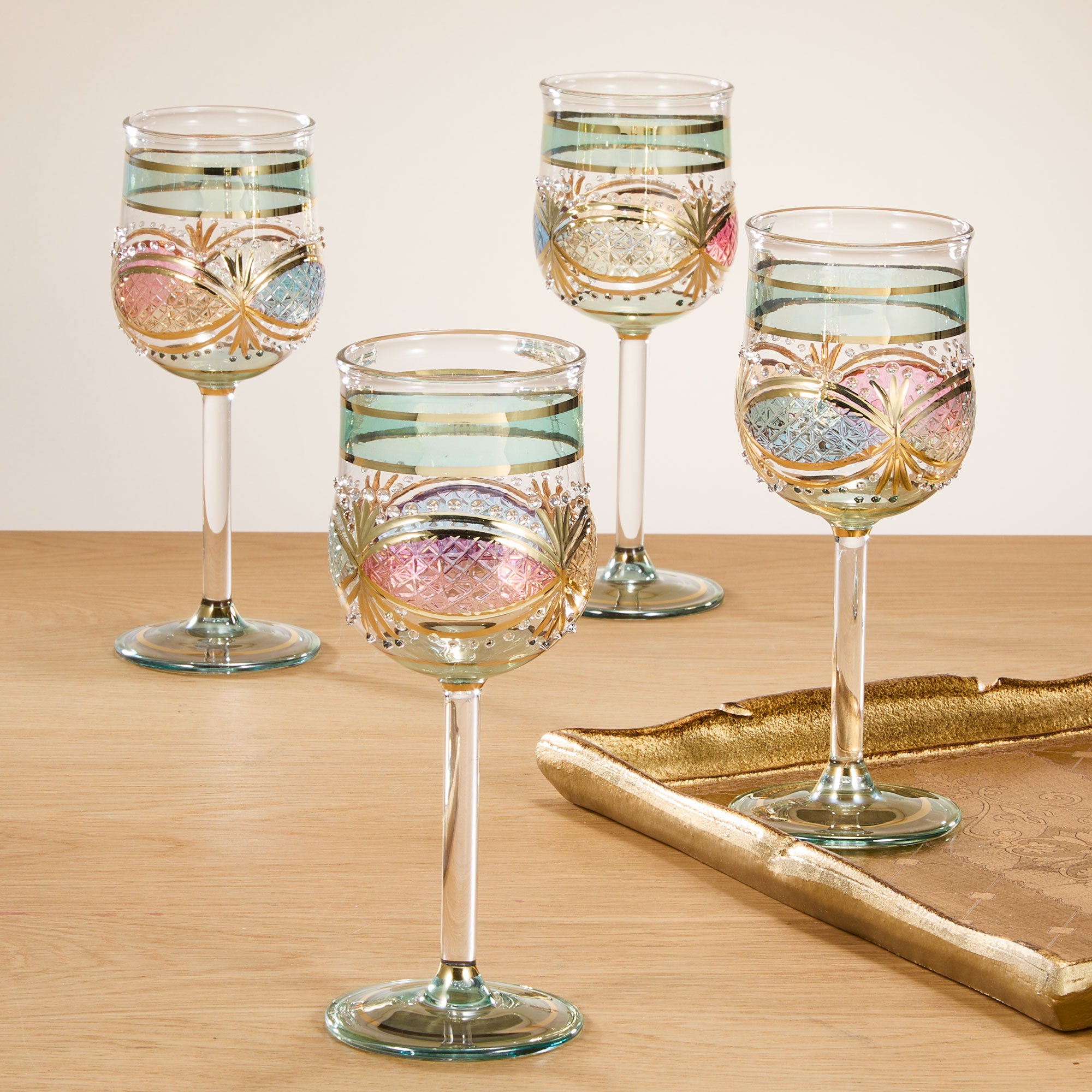 Egyptian Hand-Blown Green Wine Glasses Set of 4