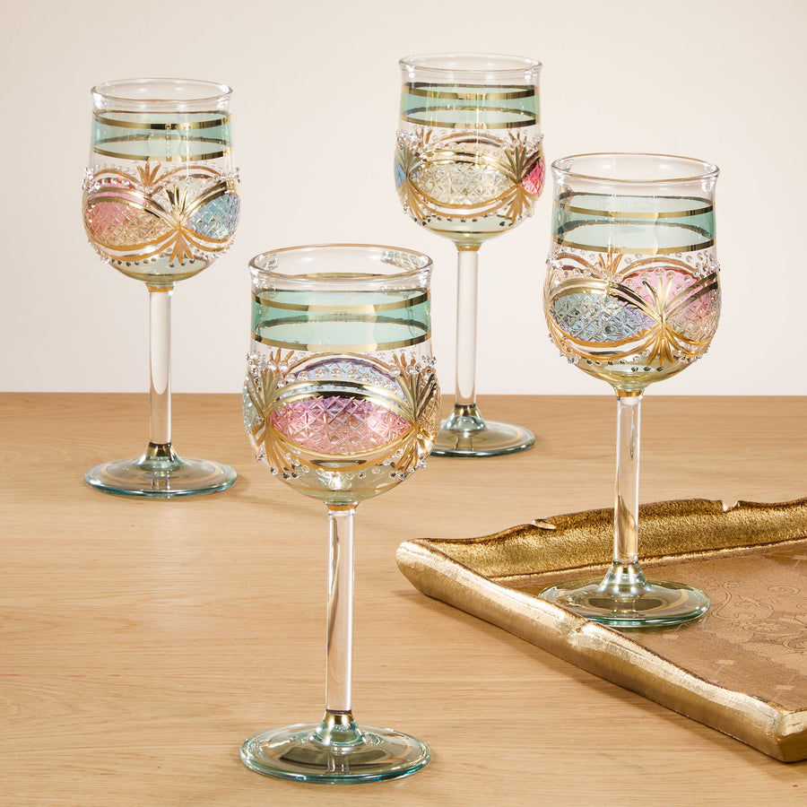 Egyptian Hand-Blown Green Wine Glasses Set of 4