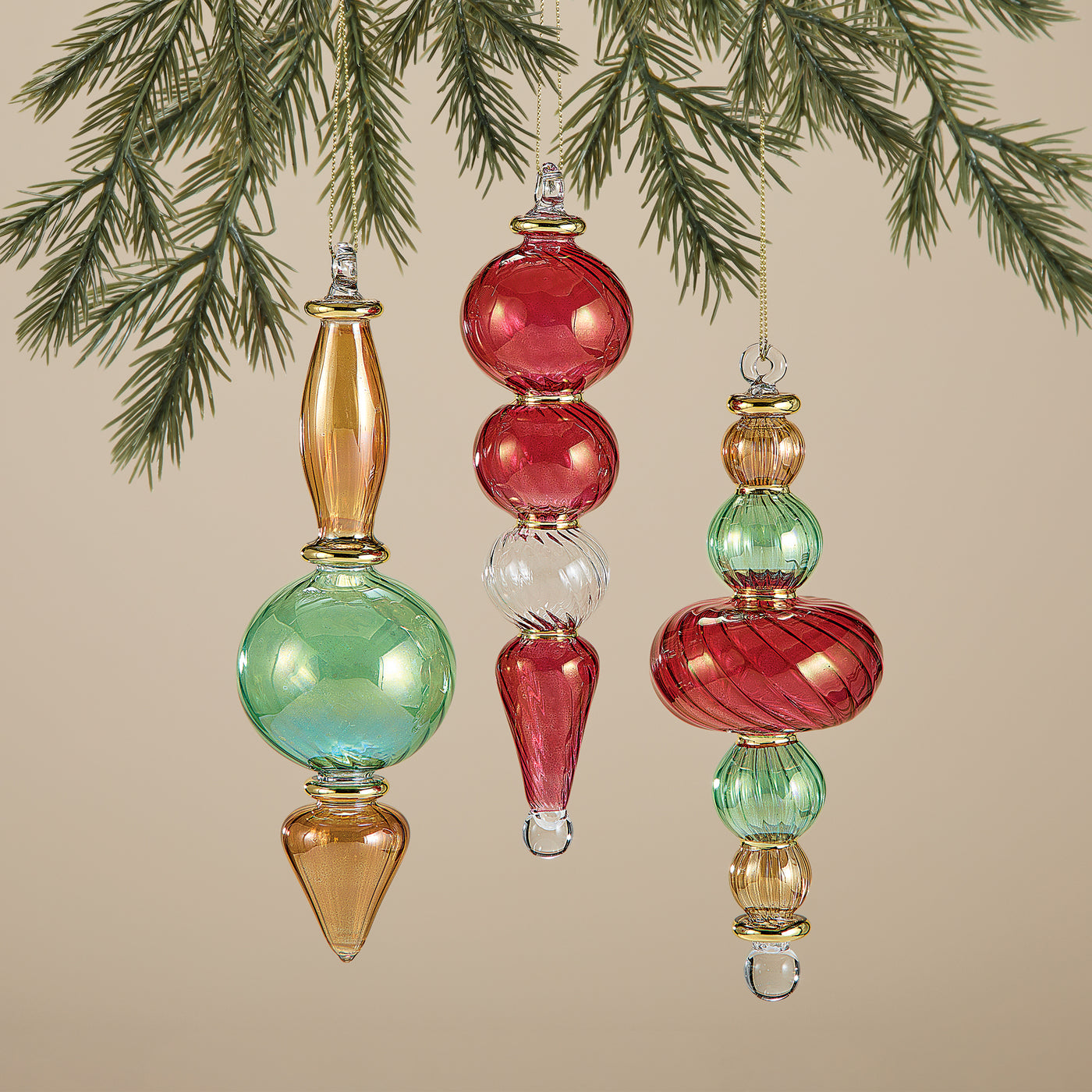 Egyptian Hand-Blown Fluted Glass Ornaments Set of 3