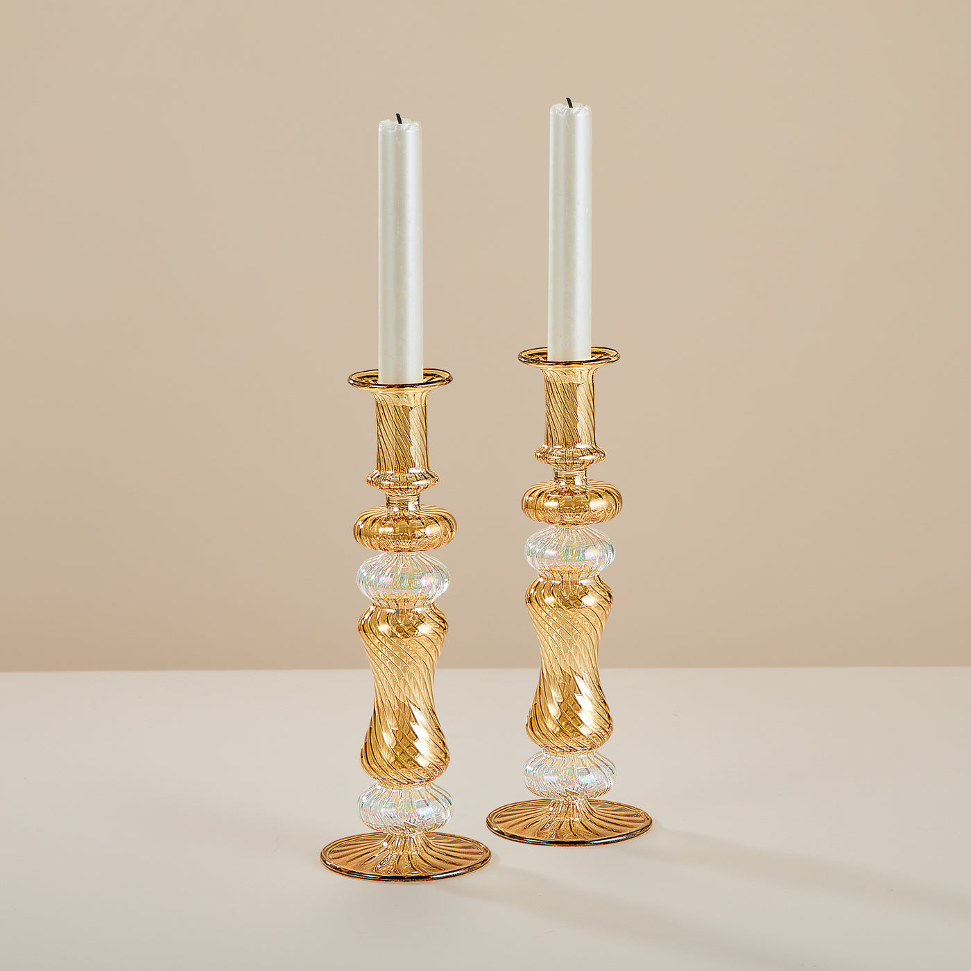 Egyptian Hand-Blown Glass Gold Fluted Candlestick Holders Set of 2