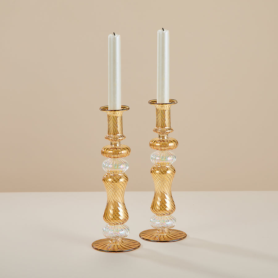 Egyptian Hand-Blown Glass Gold Fluted Candlestick Holders Set of 2