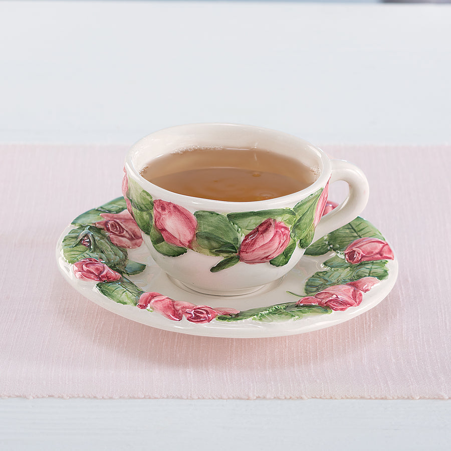 Italian Ceramic Blooming Roses Teacup & Saucer