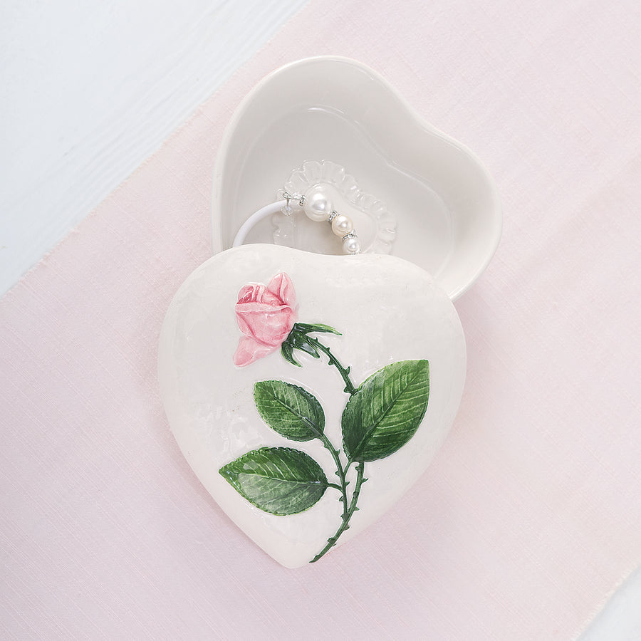 Italian Ceramic Blooming Roses Heart Trinket Box