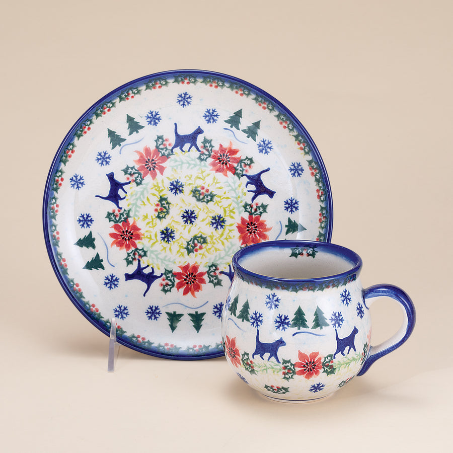 Polish Pottery Festive Felines Mug & Plate Set