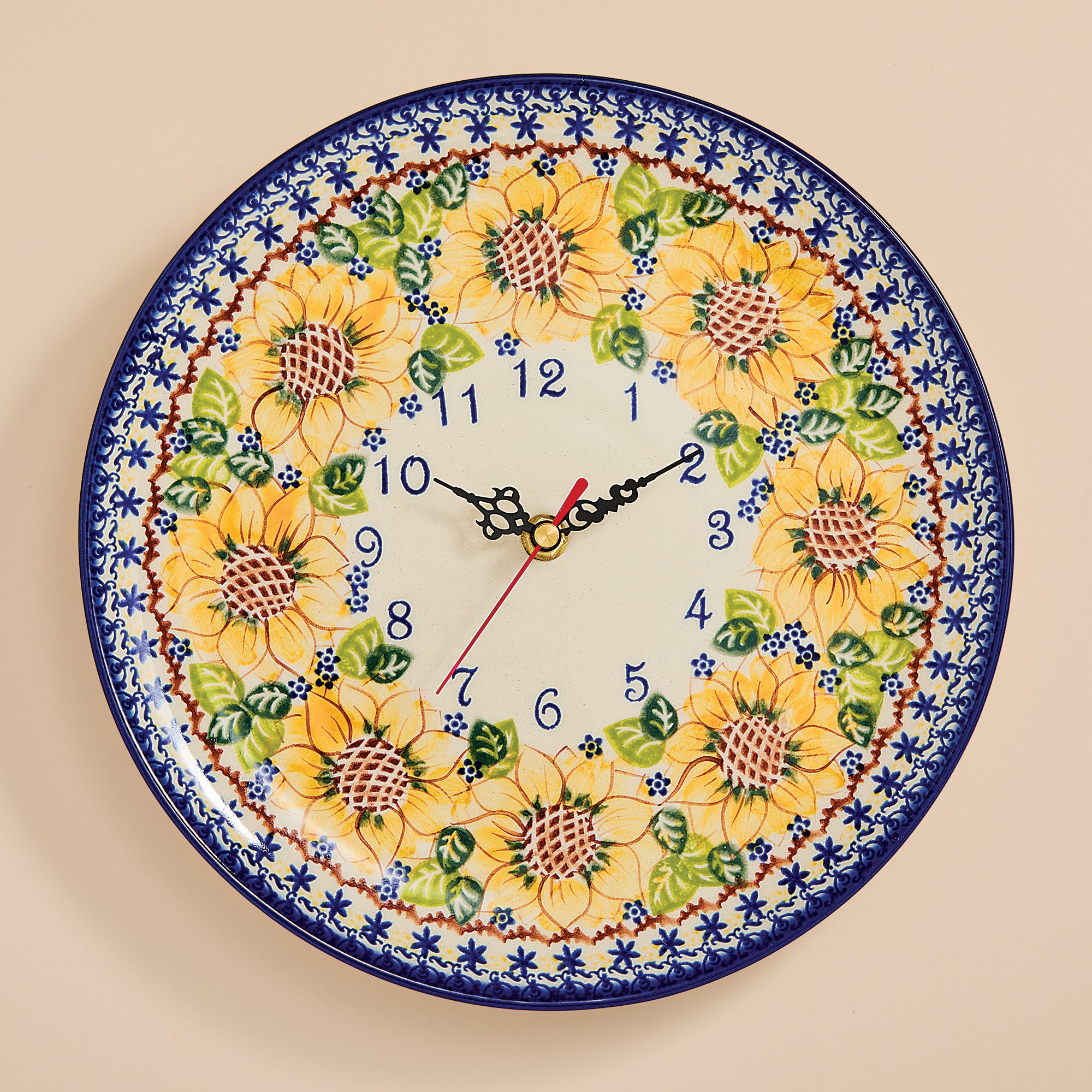 Polish Pottery Sunflower Blooms Wall Clock