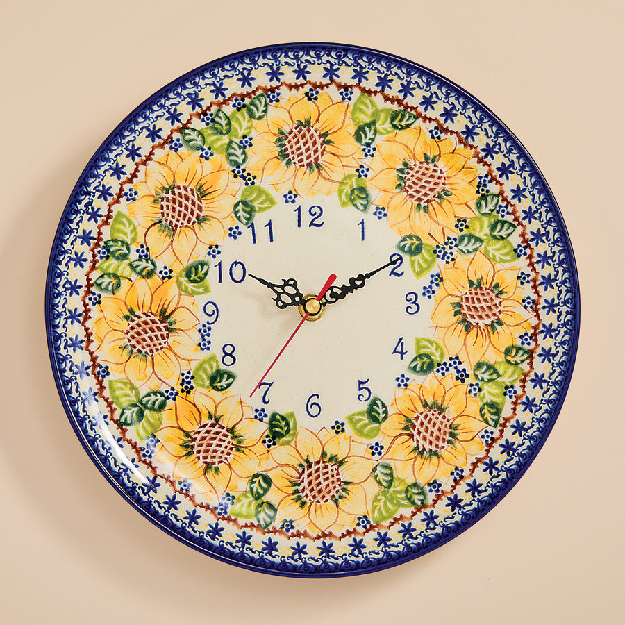 Polish Pottery Sunflower Blooms Wall Clock (Preorder)