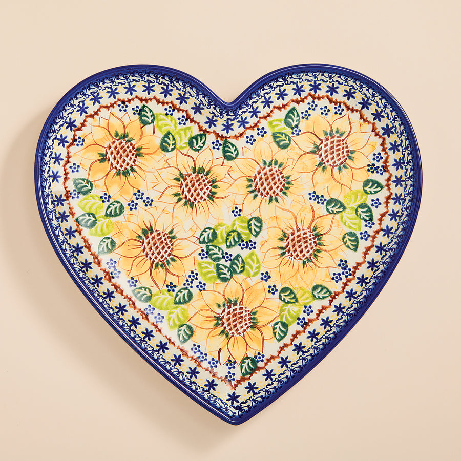 Polish Pottery Sunflower Blooms Heart-Shaped Plate