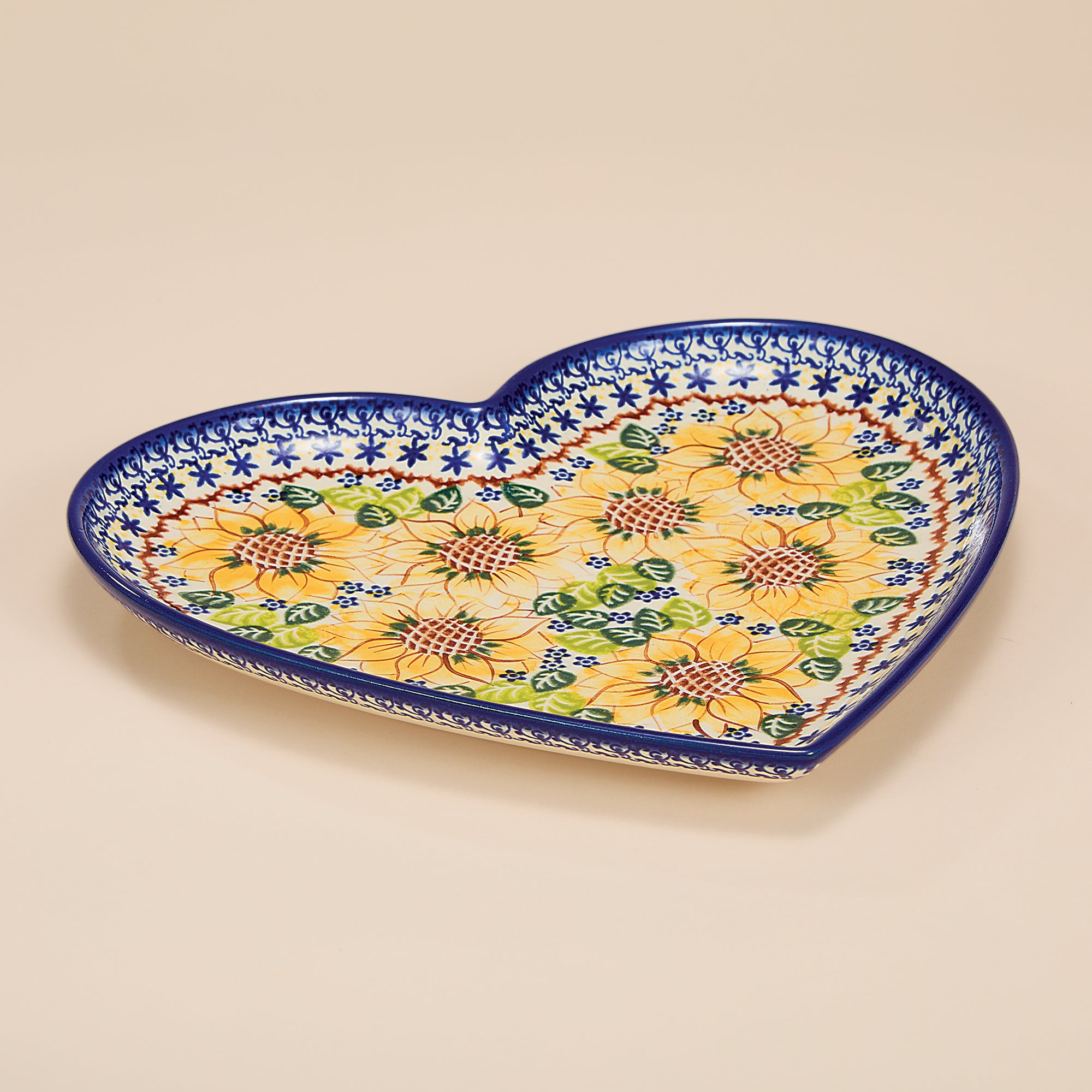 Polish Pottery Sunflower Blooms Heart-Shaped Plate