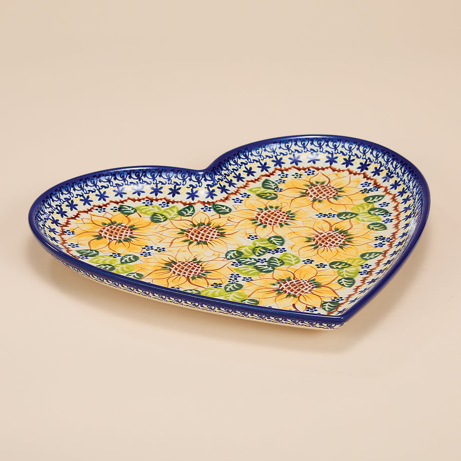 Polish Pottery Sunflower Blooms Heart-Shaped Plate