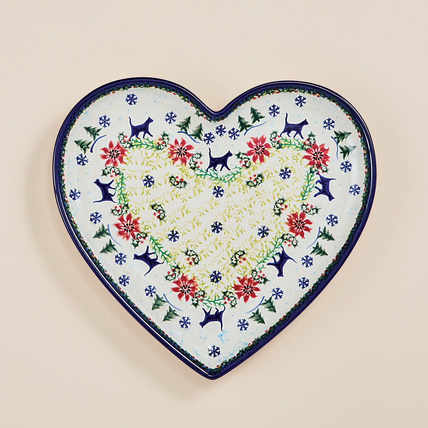 Polish Pottery Festive Felines Heart Platter