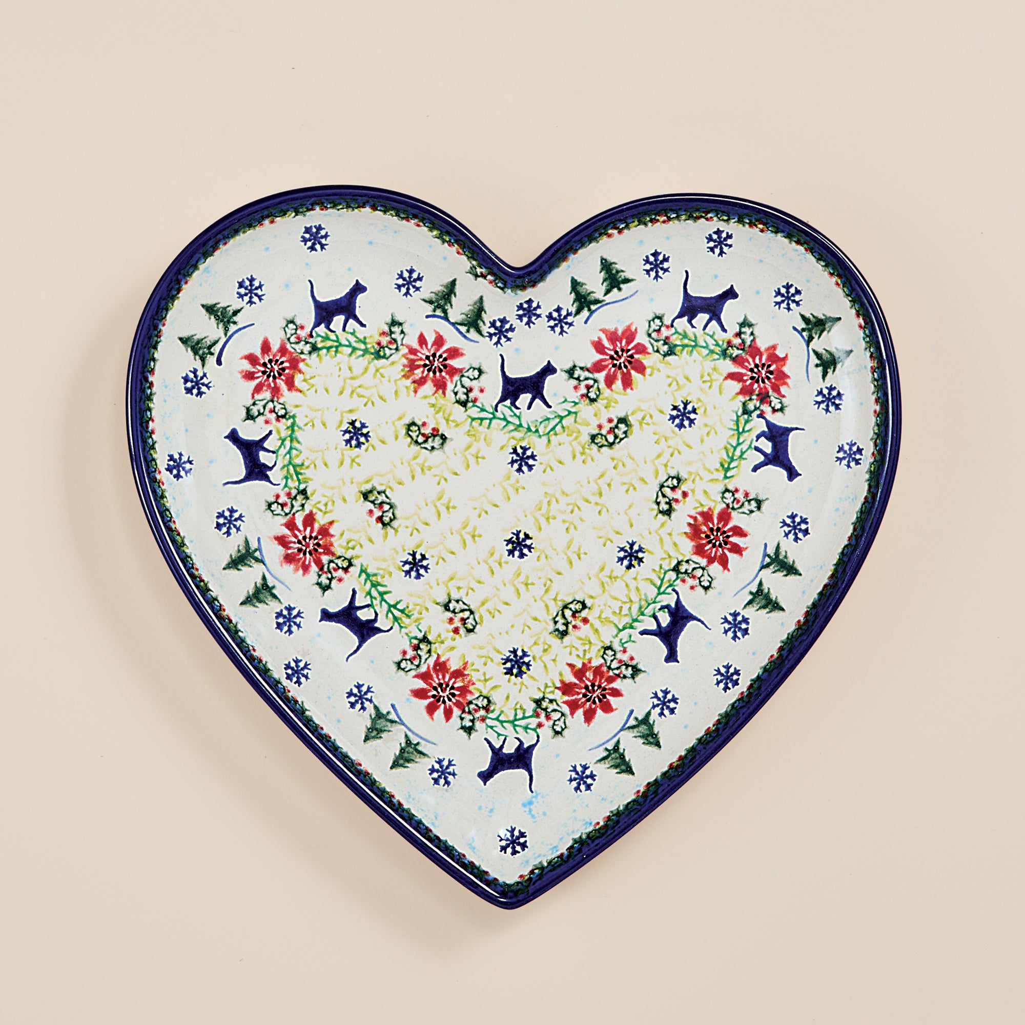 Polish Pottery Festive Felines Heart Platter