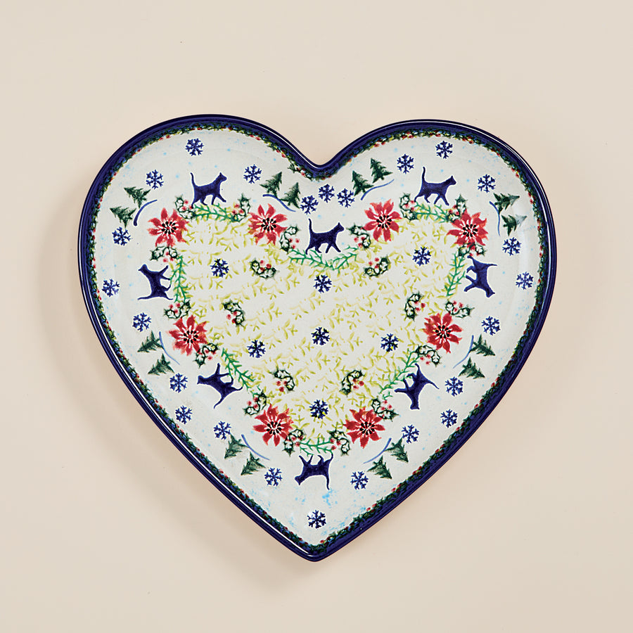 Polish Pottery Festive Felines Heart Platter