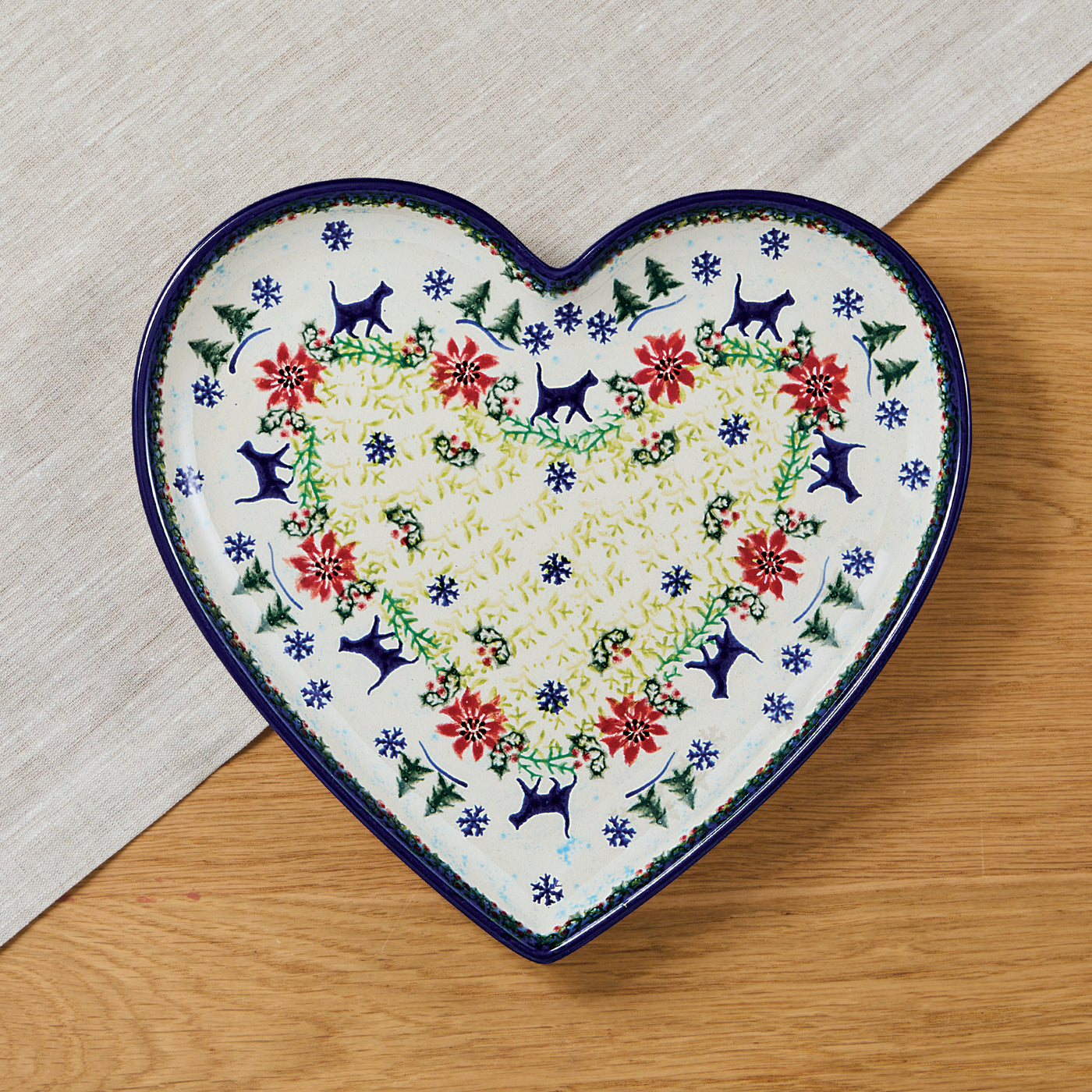 Polish Pottery Festive Felines Heart Platter