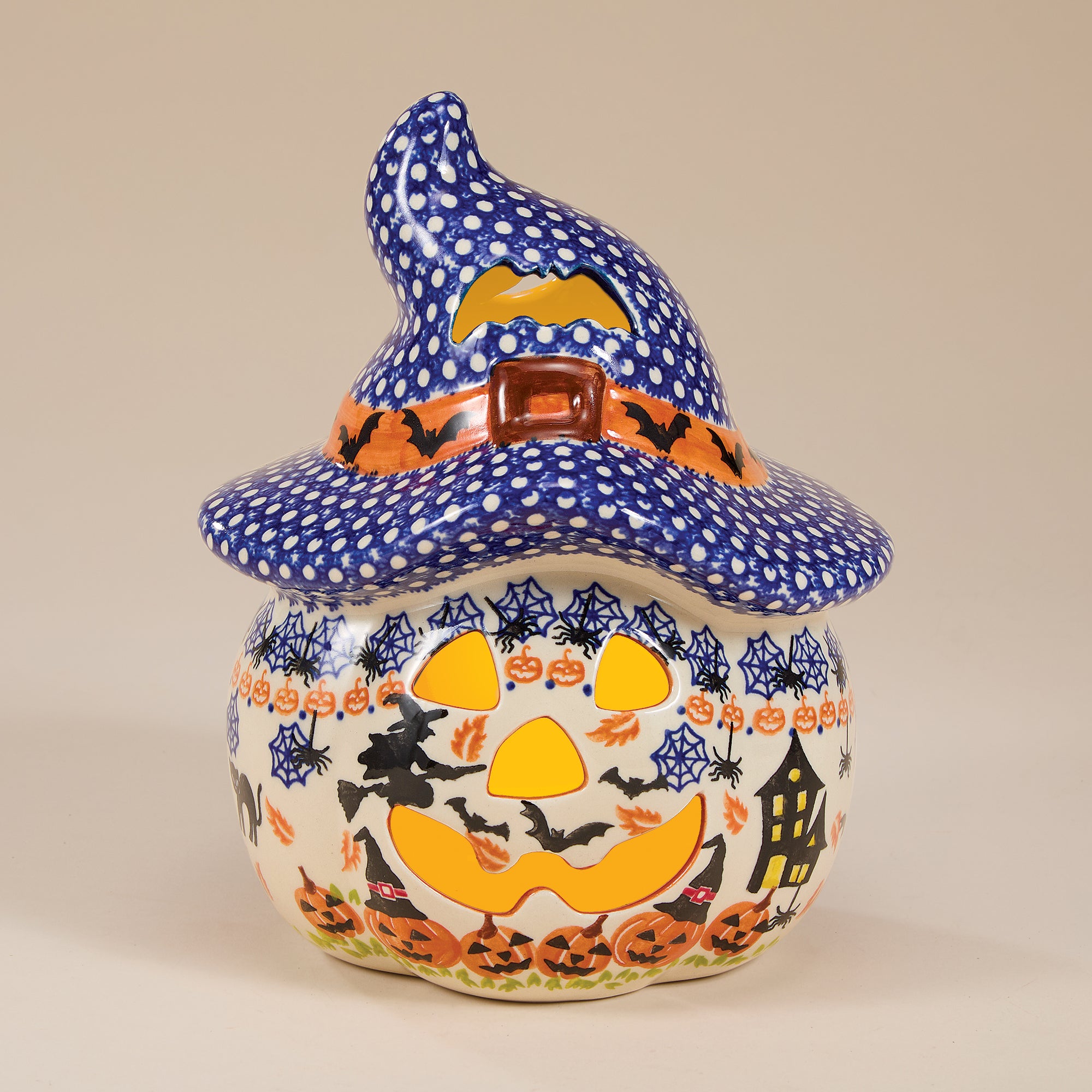 工芸品 echoparkpottery Polish Pottery Black Cat Hollow Jack with Polka Dotted Hat