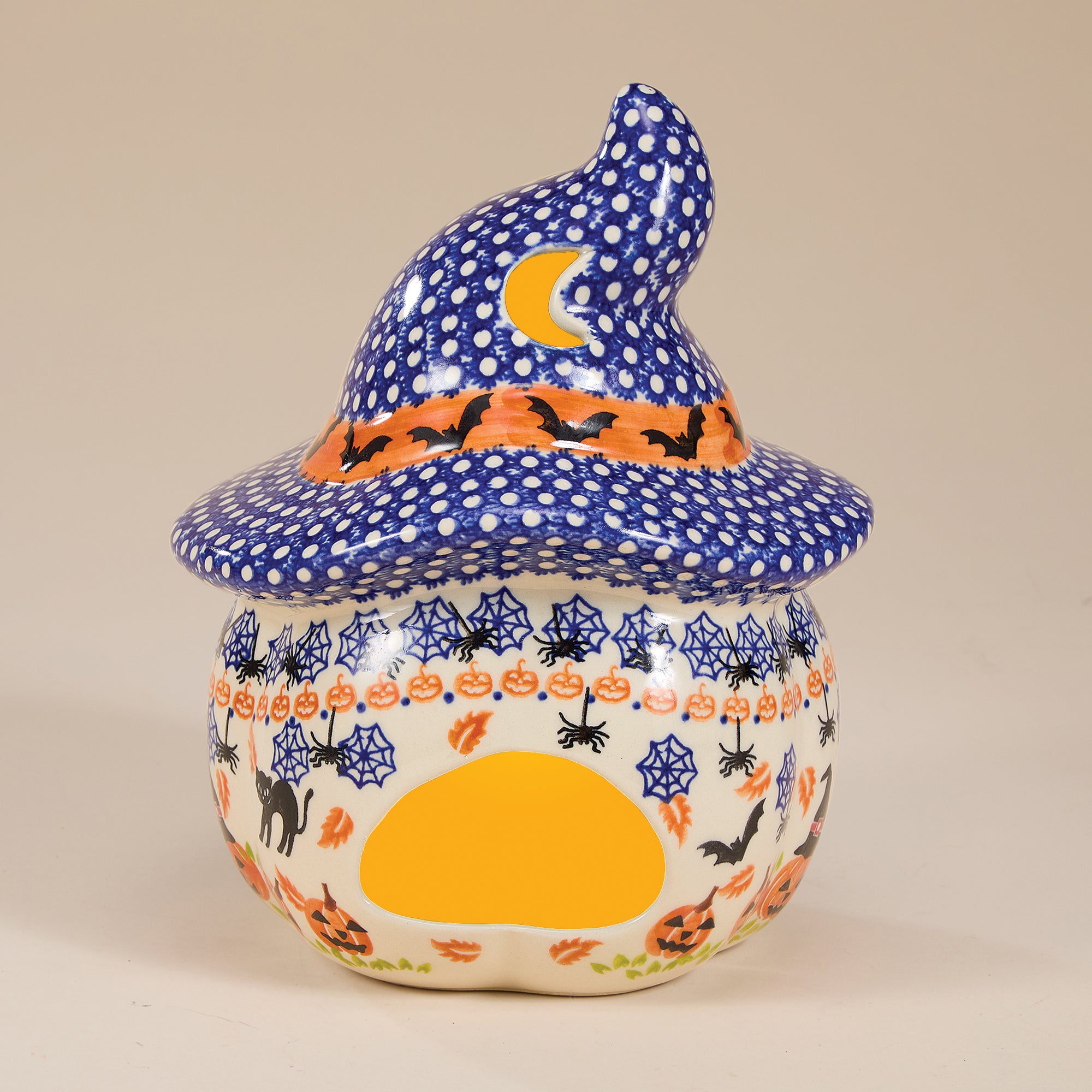 Polish Pottery Black Cat Hollow Jack with Polka Dotted Hat Luminary (Preorder)
