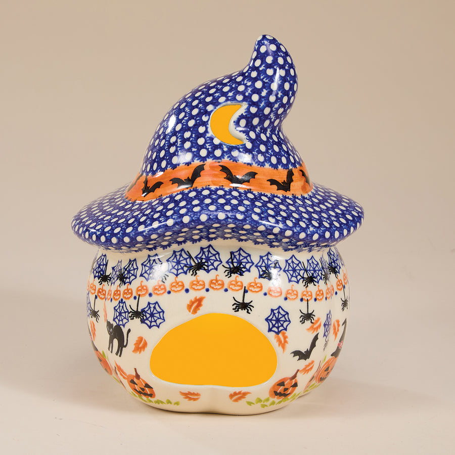 Polish Pottery Black Cat Hollow Jack with Polka Dotted Hat Luminary (Preorder)