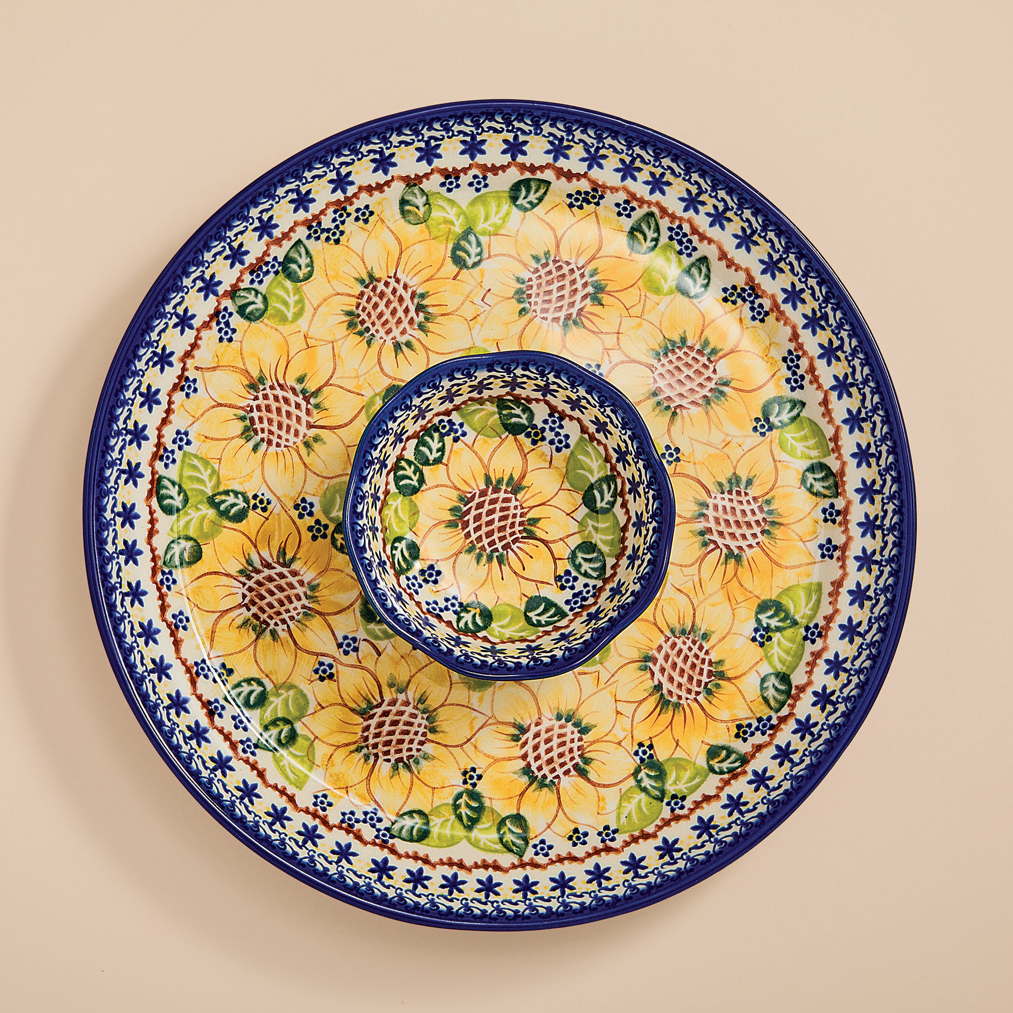 Polish Pottery Sunflower Blooms Chip & Dip Platter (Preorder)