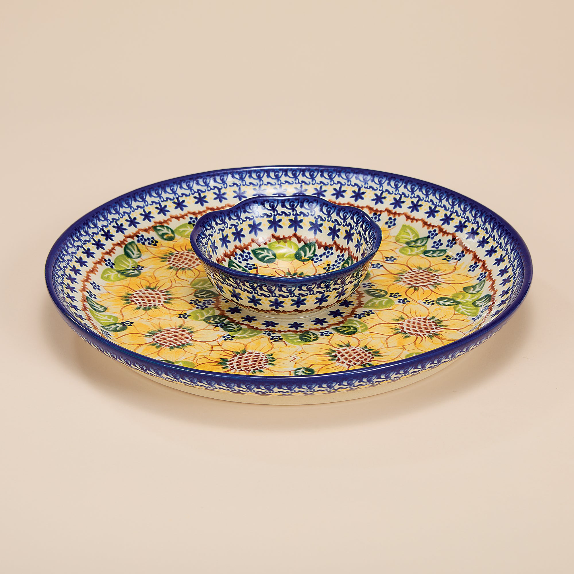 Polish Pottery Sunflower Blooms Chip & Dip Platter (Preorder)