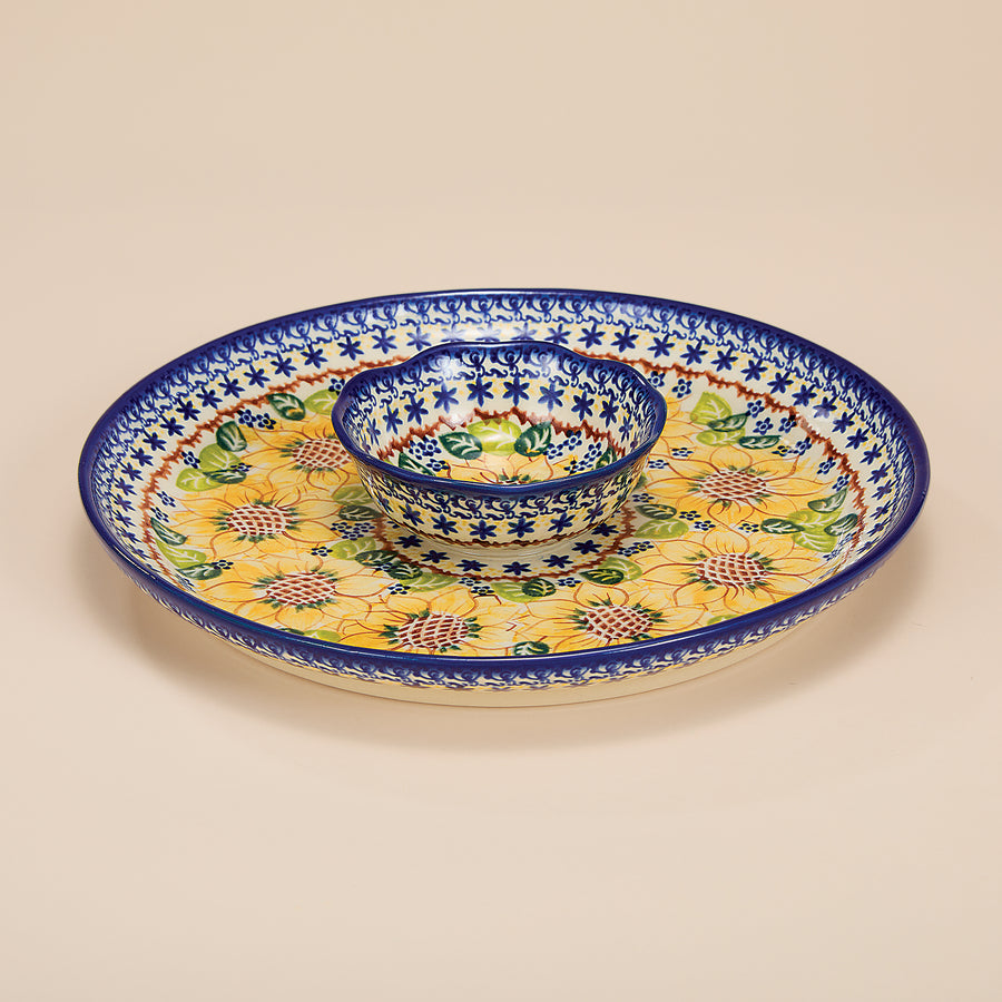 Polish Pottery Sunflower Blooms Chip & Dip Platter (Preorder)