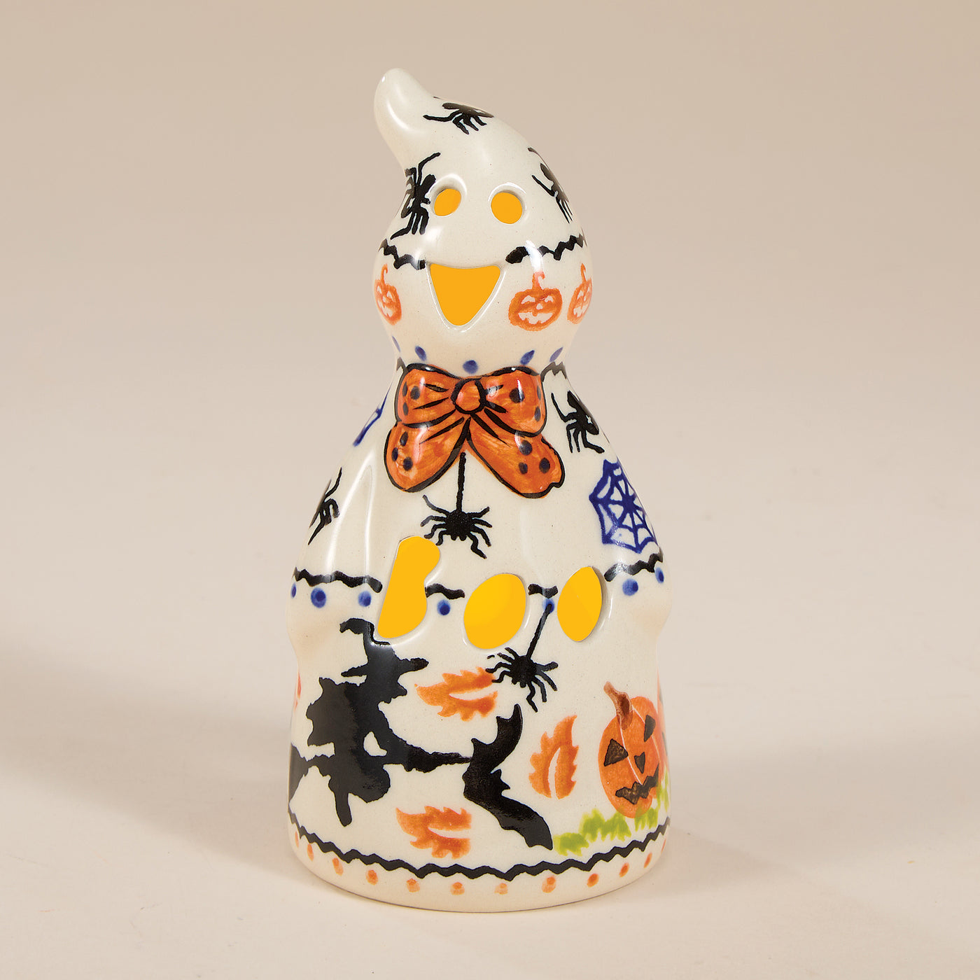 Polish Pottery Black Cat Hollow Boo Ghost Luminary (Preorder)