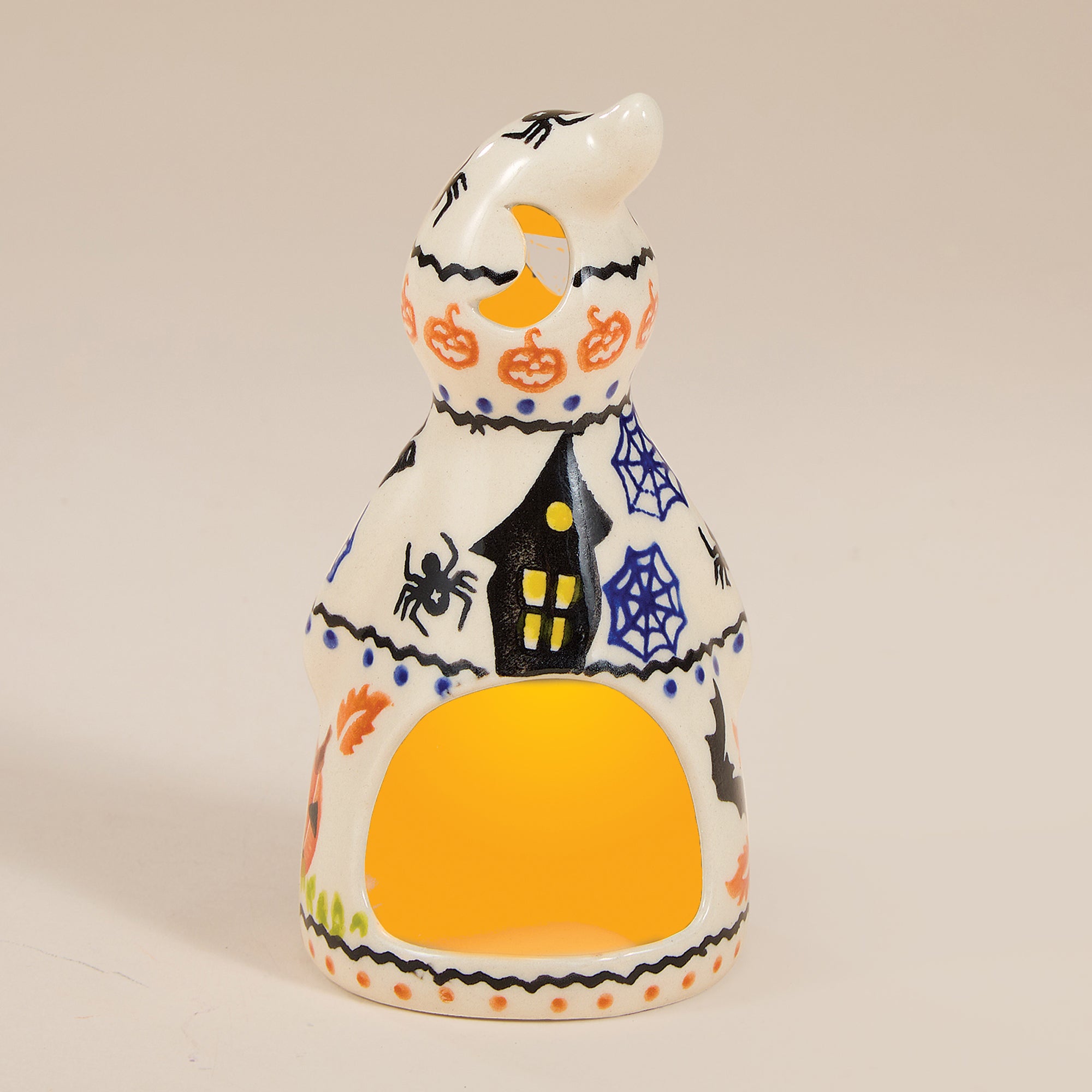 Polish Pottery Black Cat Hollow Boo Ghost Luminary (Preorder)
