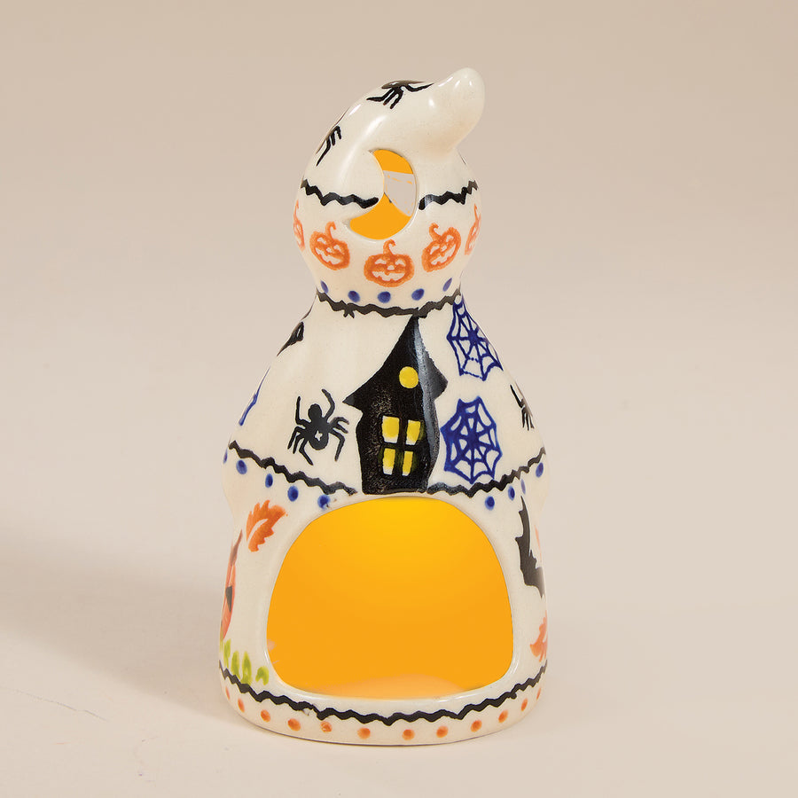 Polish Pottery Black Cat Hollow Boo Ghost Luminary (Preorder)