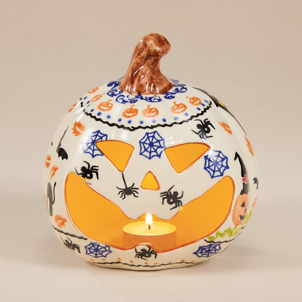 Polish Pottery Black Cat Hollow Jack with Polka Dotted Hat