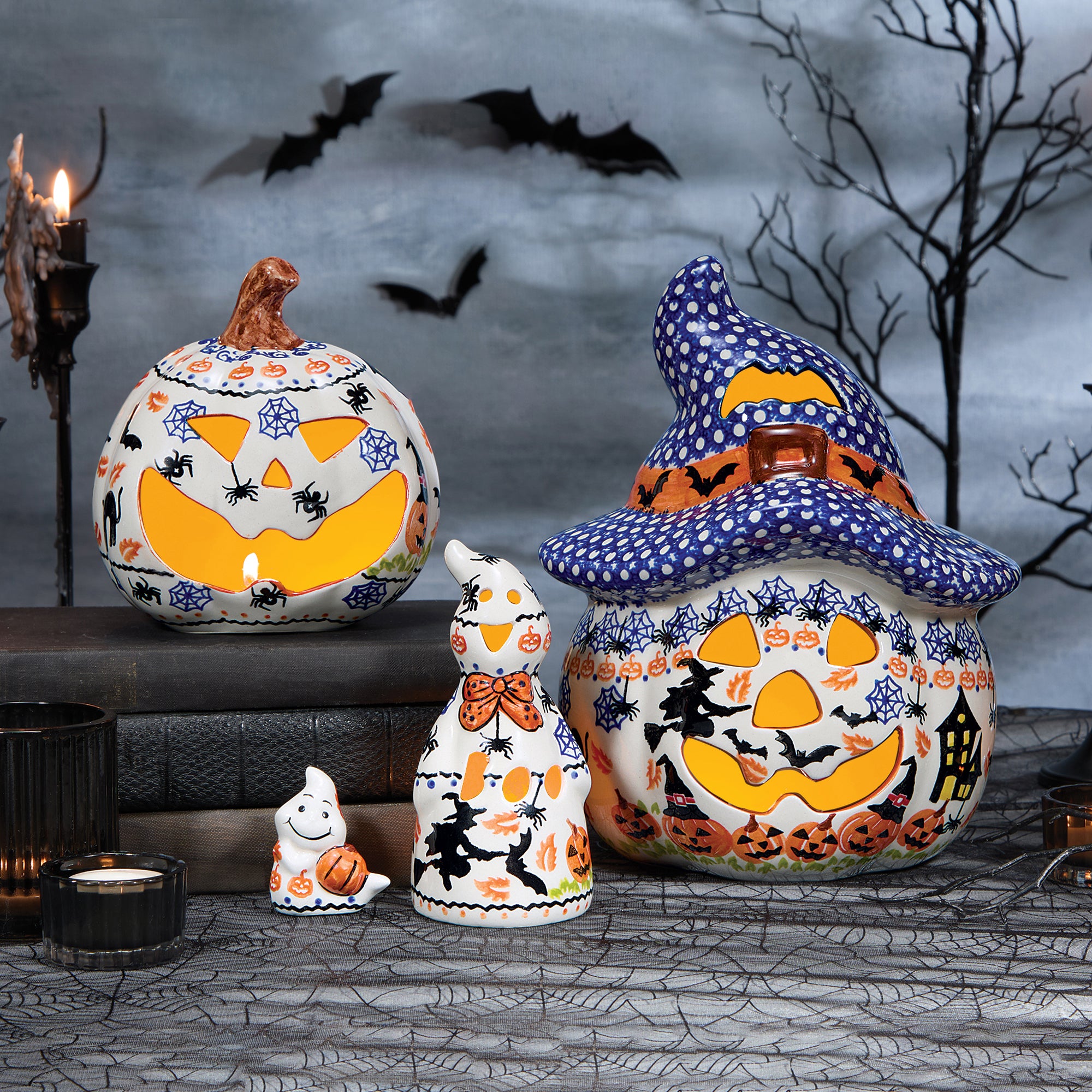 Polish Pottery Black Cat Hollow Boo Ghost Luminary | Uno Alla Volta