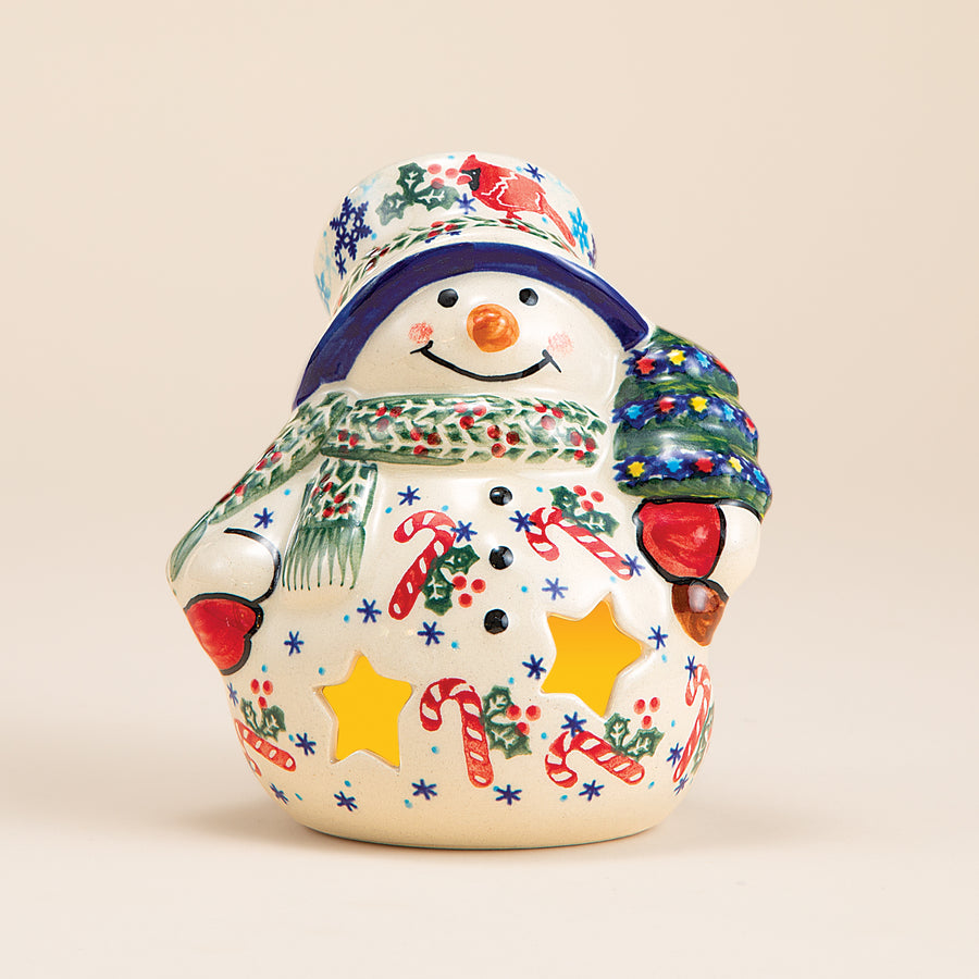 Polish Pottery Candy Cane Kisses Snowman Luminary