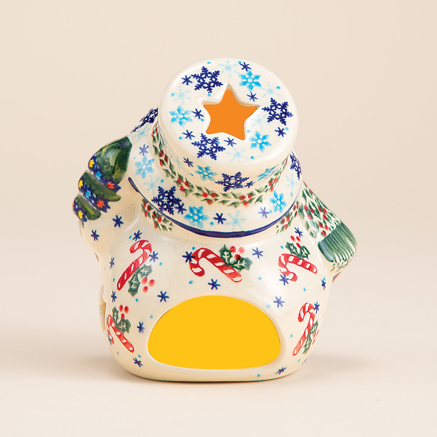 Polish Pottery Candy Cane Kisses Snowman Luminary
