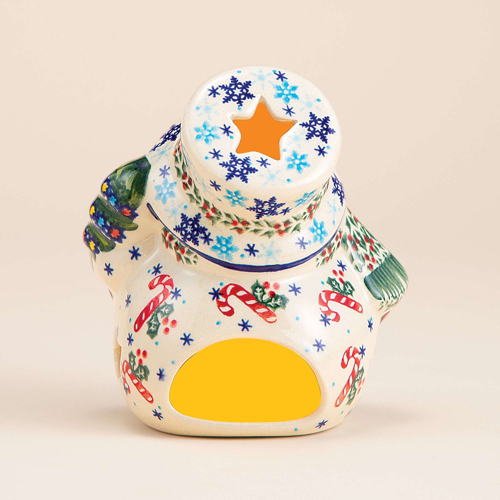 Polish Pottery Candy Cane Kisses Snowman Luminary