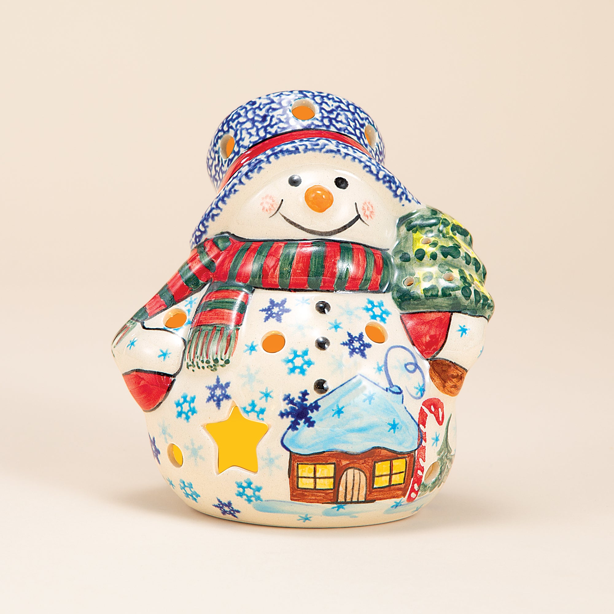 Polish Pottery Snowflake Snowman Luminary | Uno Alla Volta