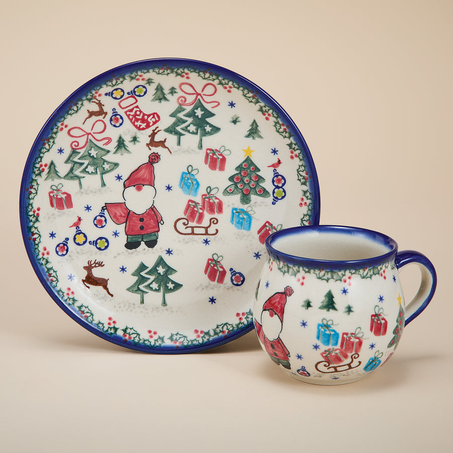 Polish Pottery Holly Jolly Mug & Plate Set