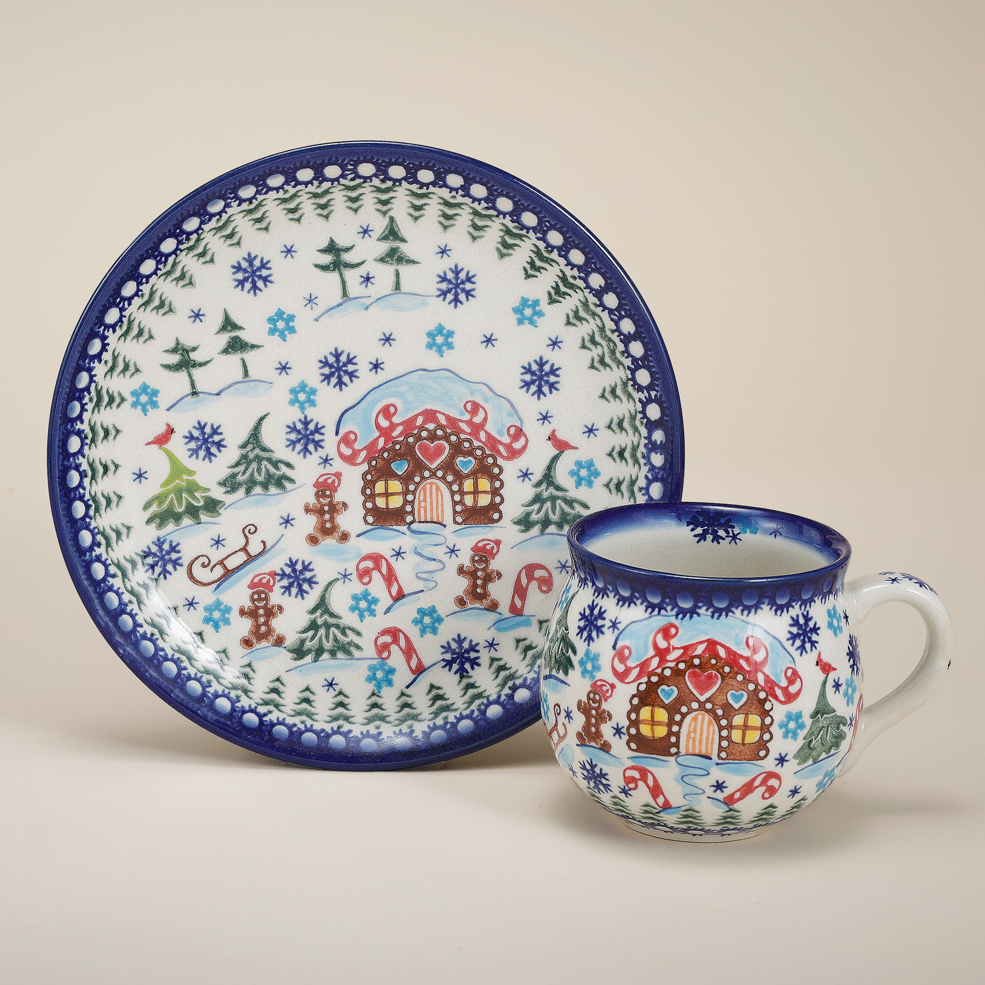 Polish Pottery Gingerbread Village Mug & Plate Set