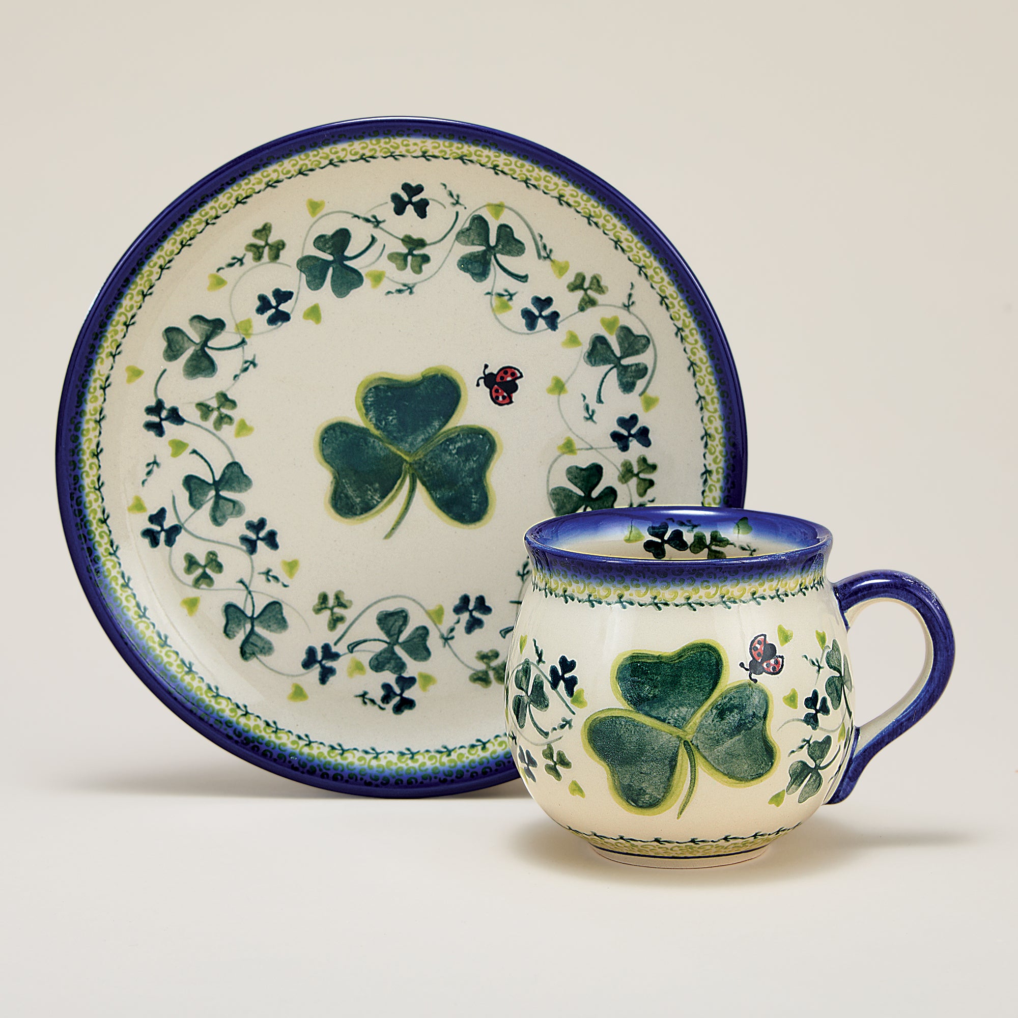 Polish Pottery Lucky Ladybug Mug & Plate Set