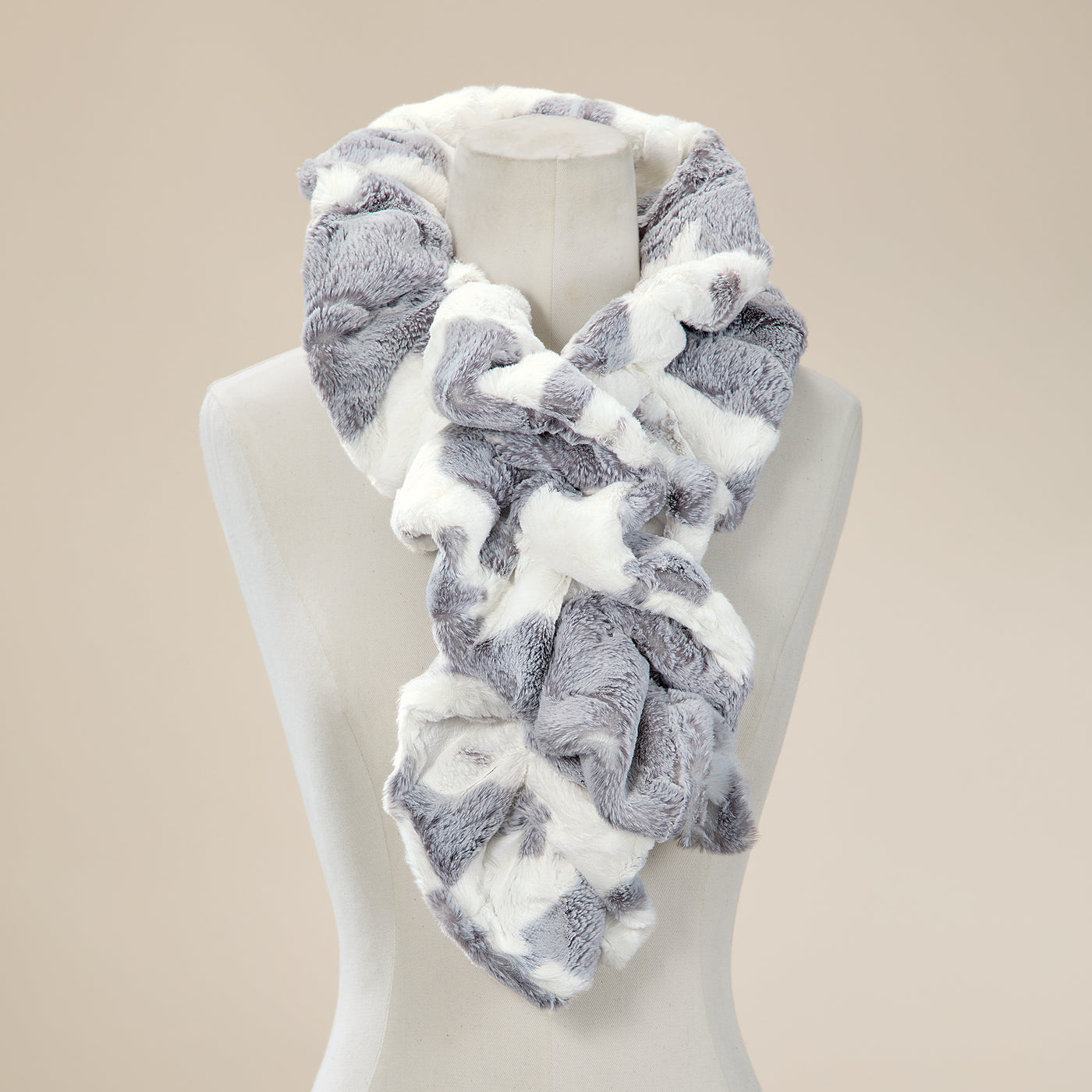 Silver & White Faux Fur Ruched Scarf