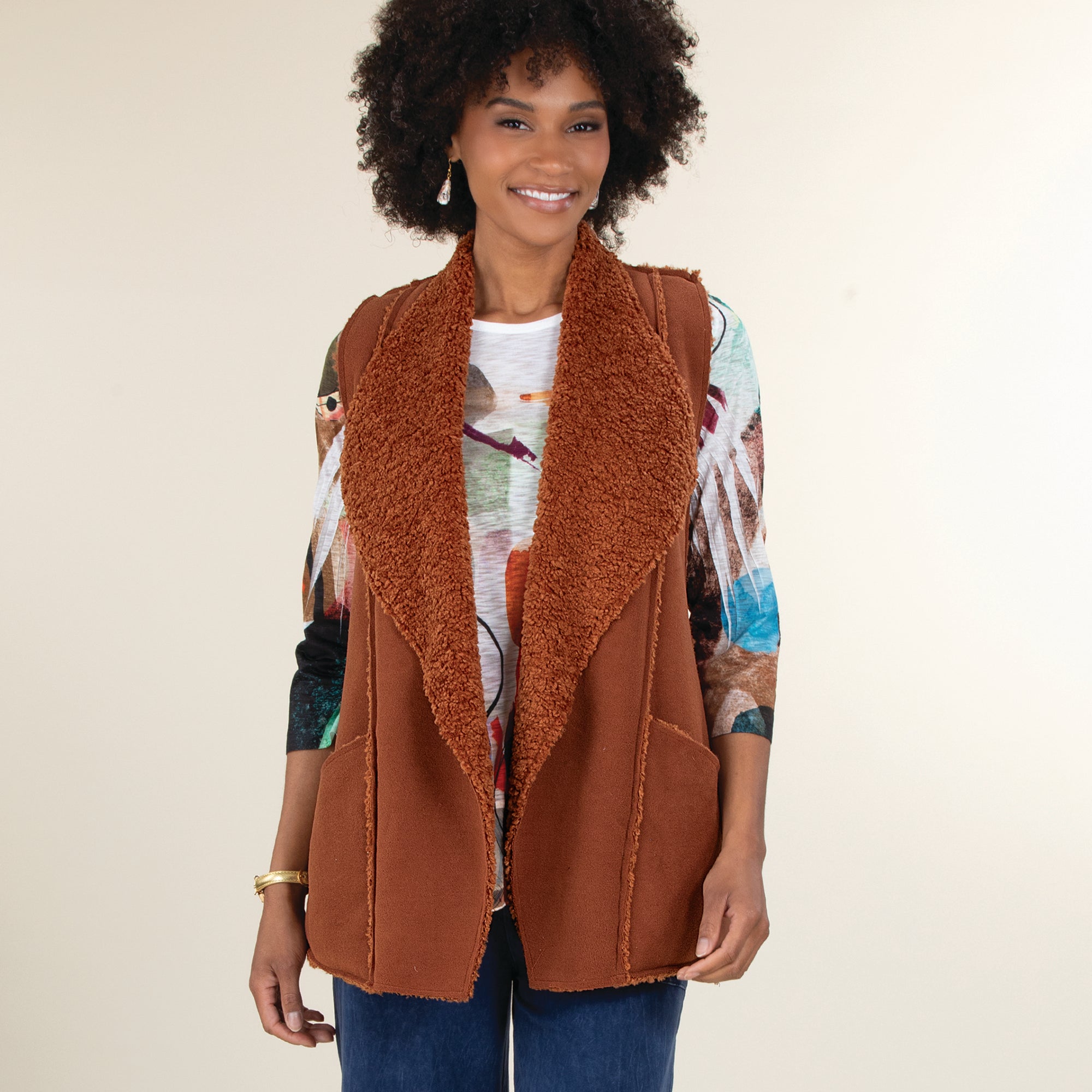 Cozy Chestnut Sherpa Open Front Vest