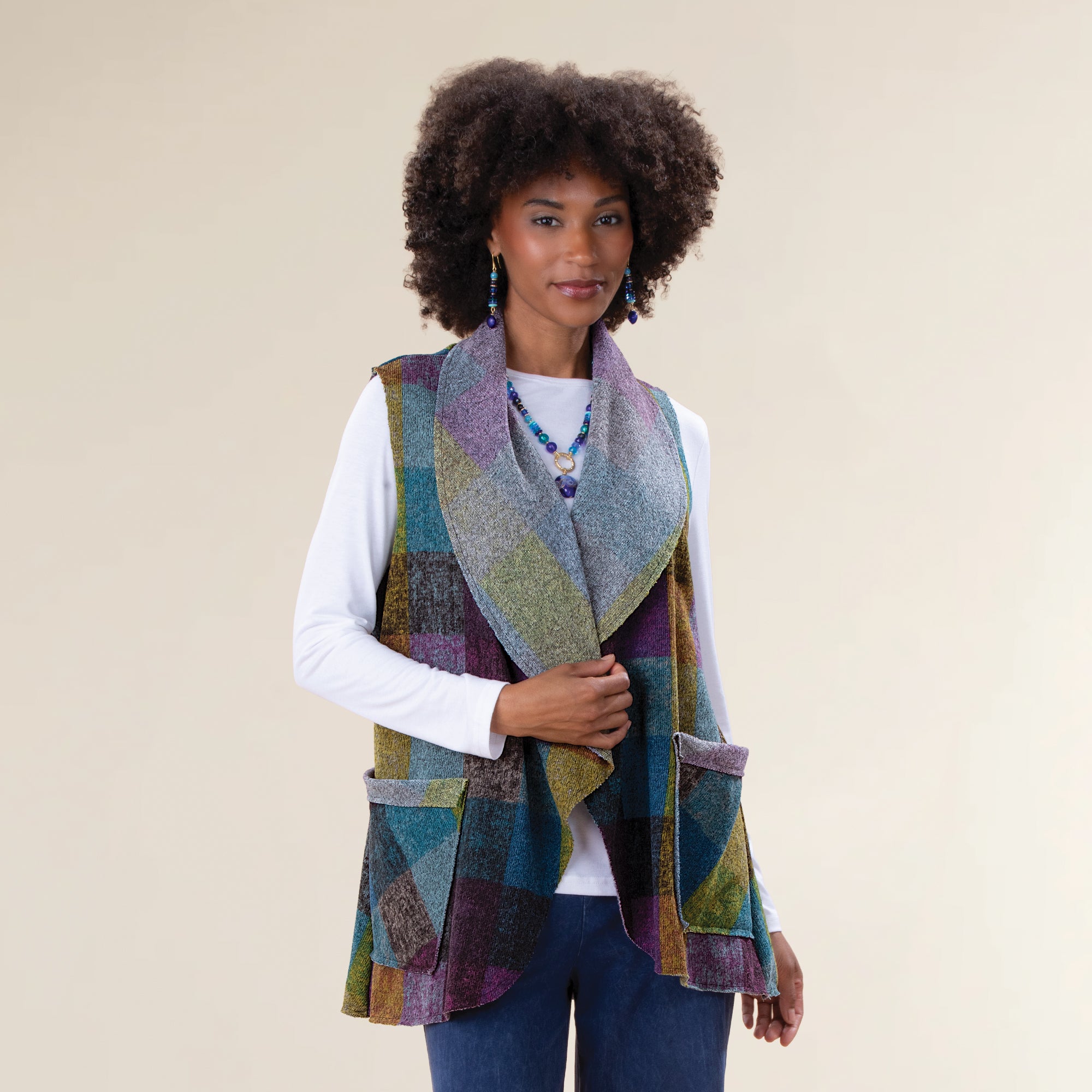 Cozy Jewel-Toned Plaid Open Front Vest