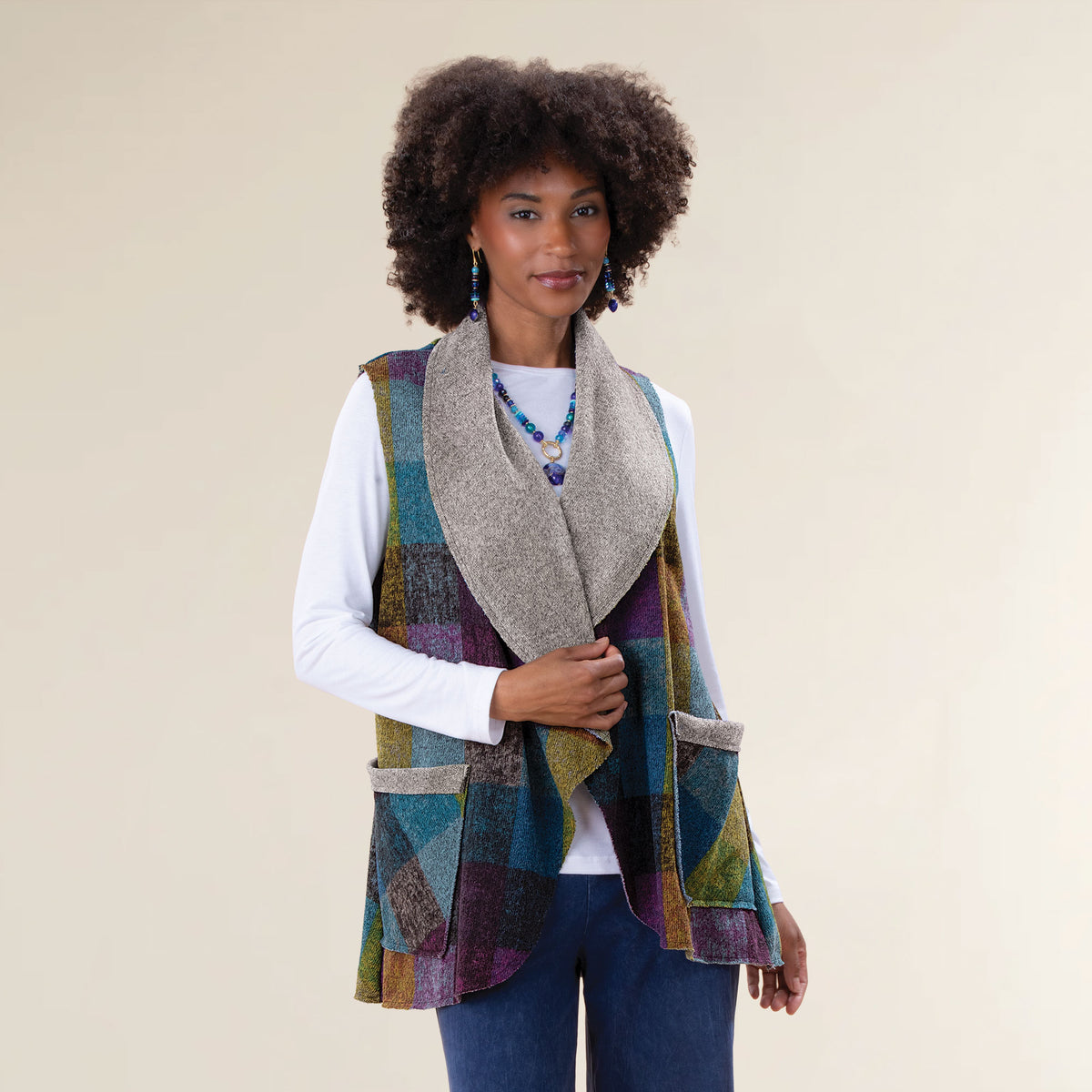 Cozy Jewel-Toned Plaid Open Front Vest