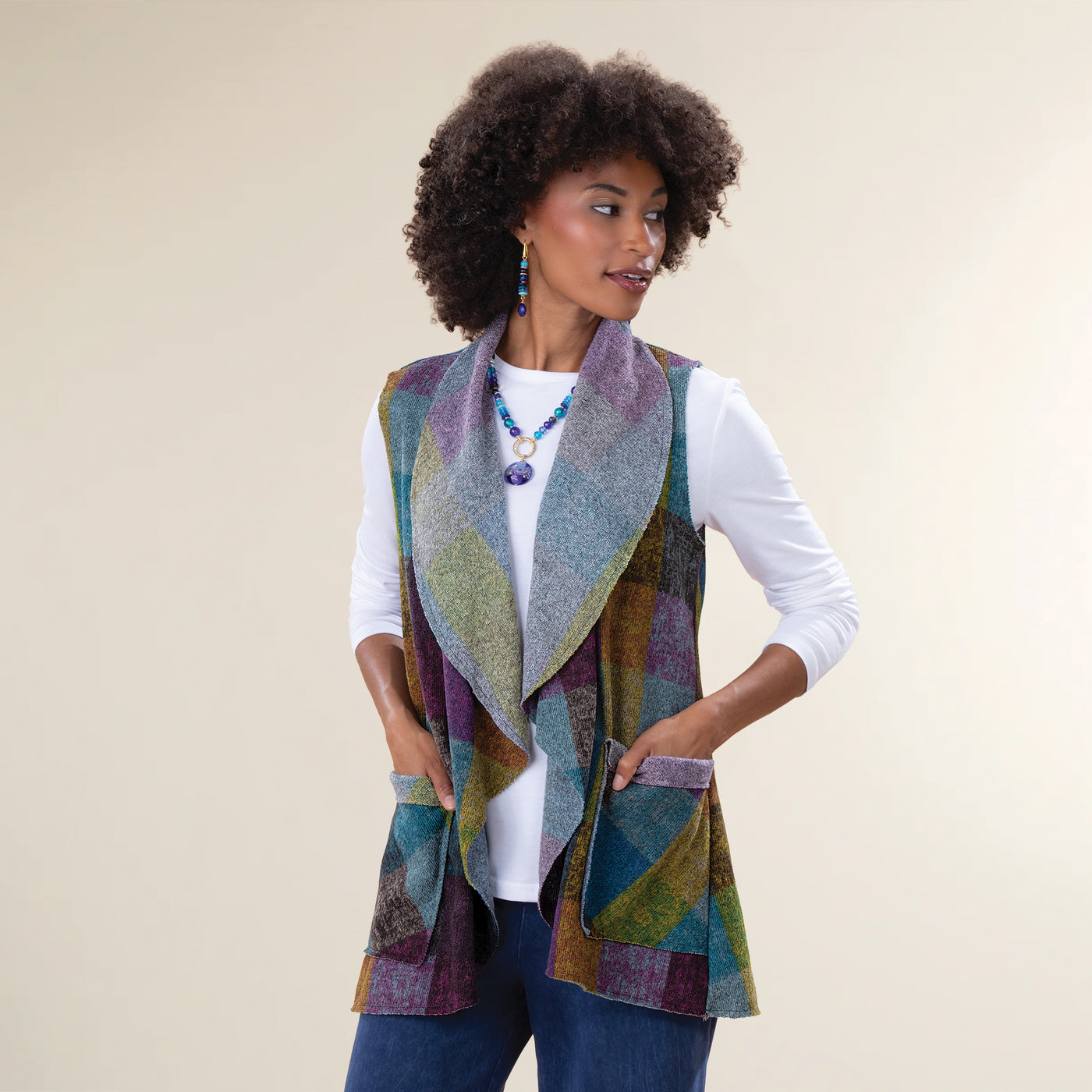 Cozy Jewel-Toned Plaid Open Front Vest