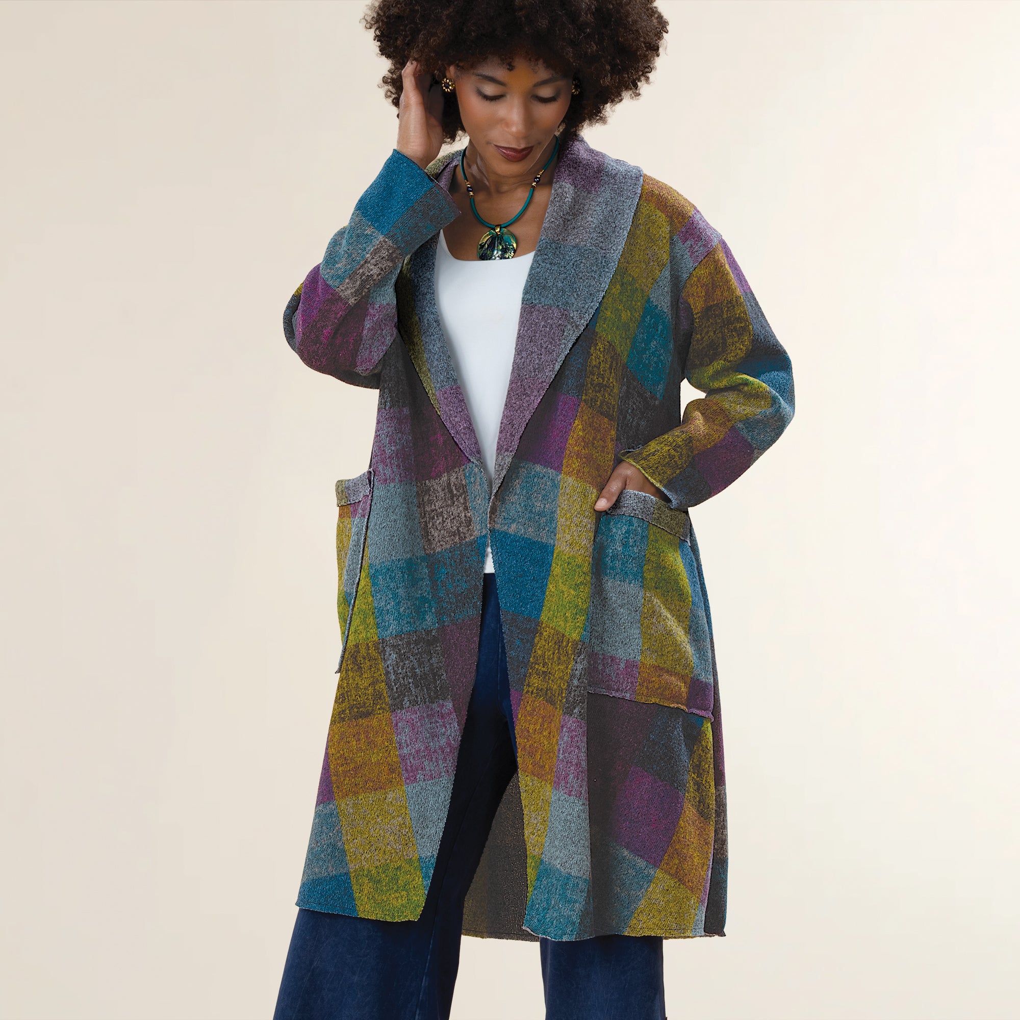 Cozy Jewel-Toned Plaid Open Front Jacket