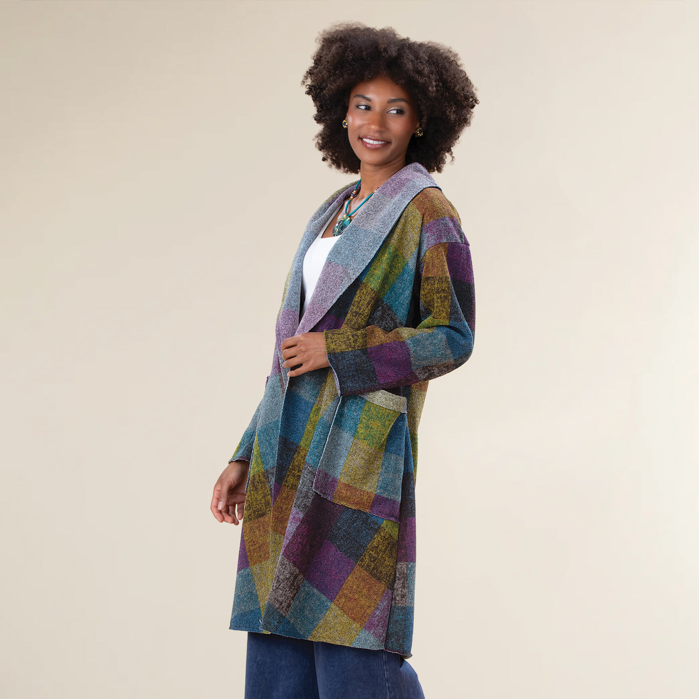Cozy Jewel-Toned Plaid Open Front Jacket